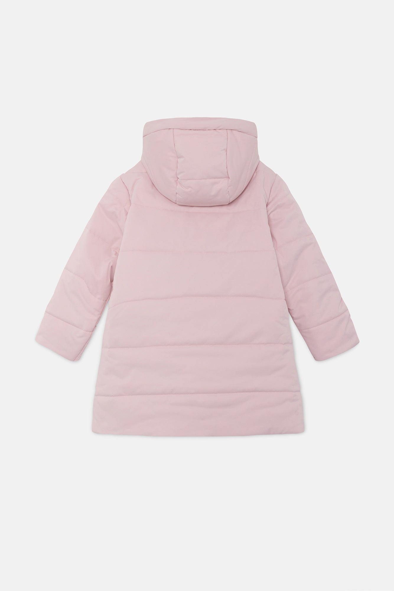 Unisex midi puffer coat with pink hood
