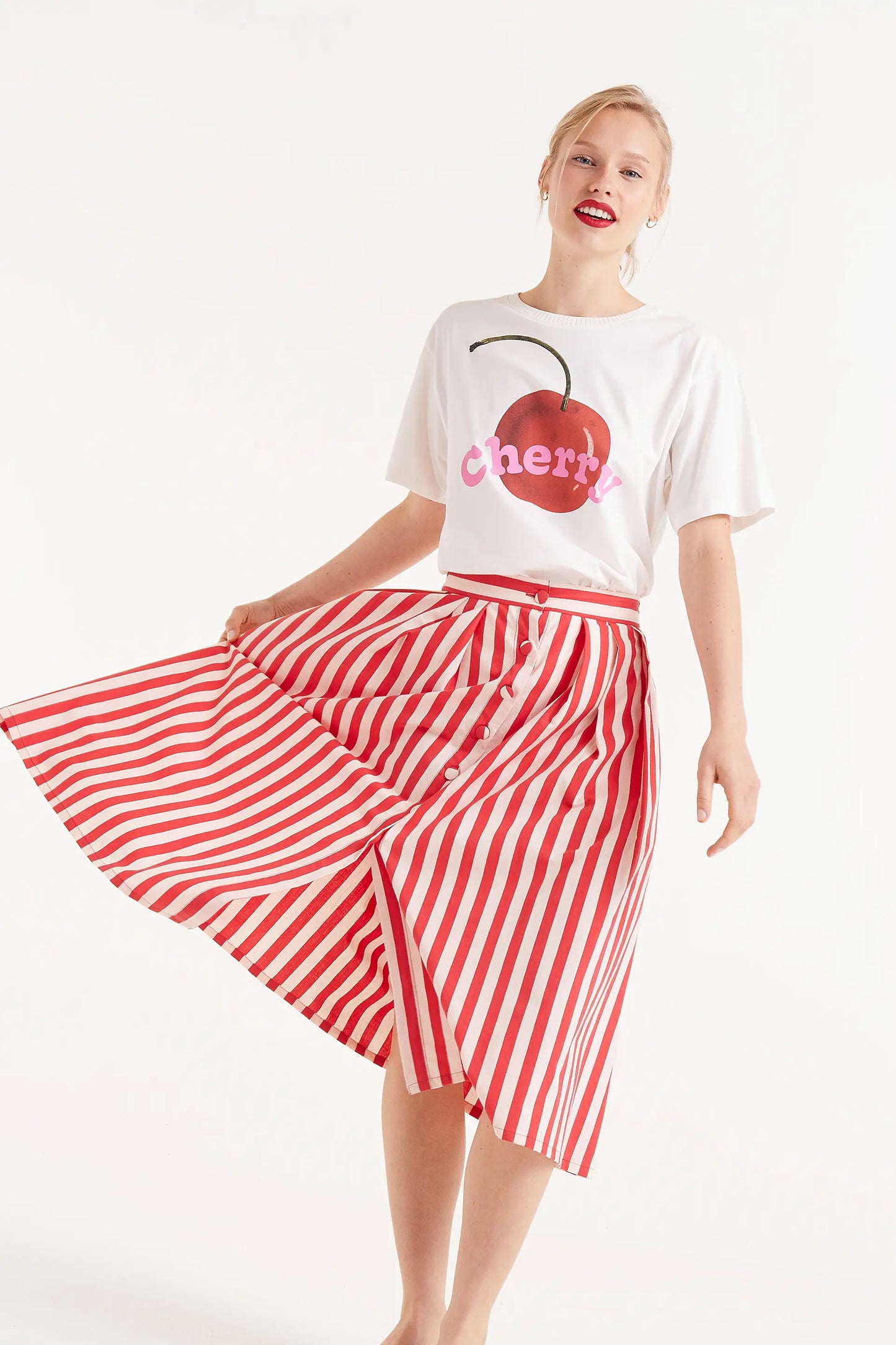 Falda midi estampado rayas rojas