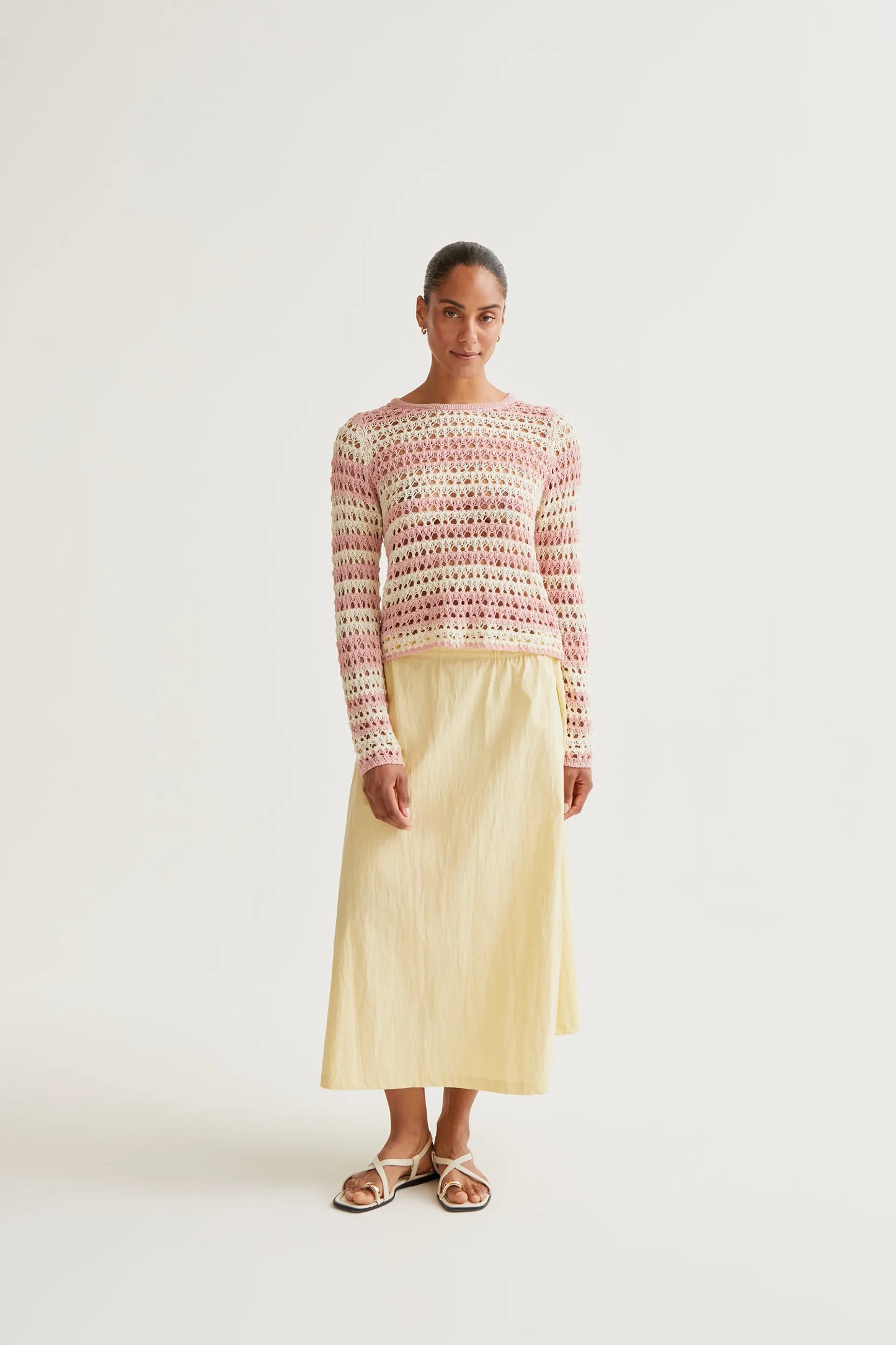 Openwork knit top with white and pink stripes