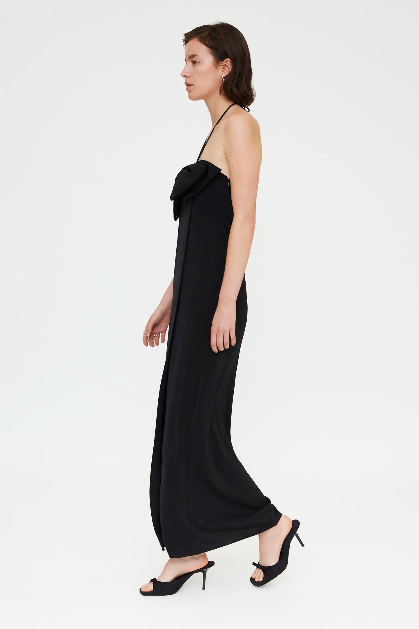 Long black dress with tie detail