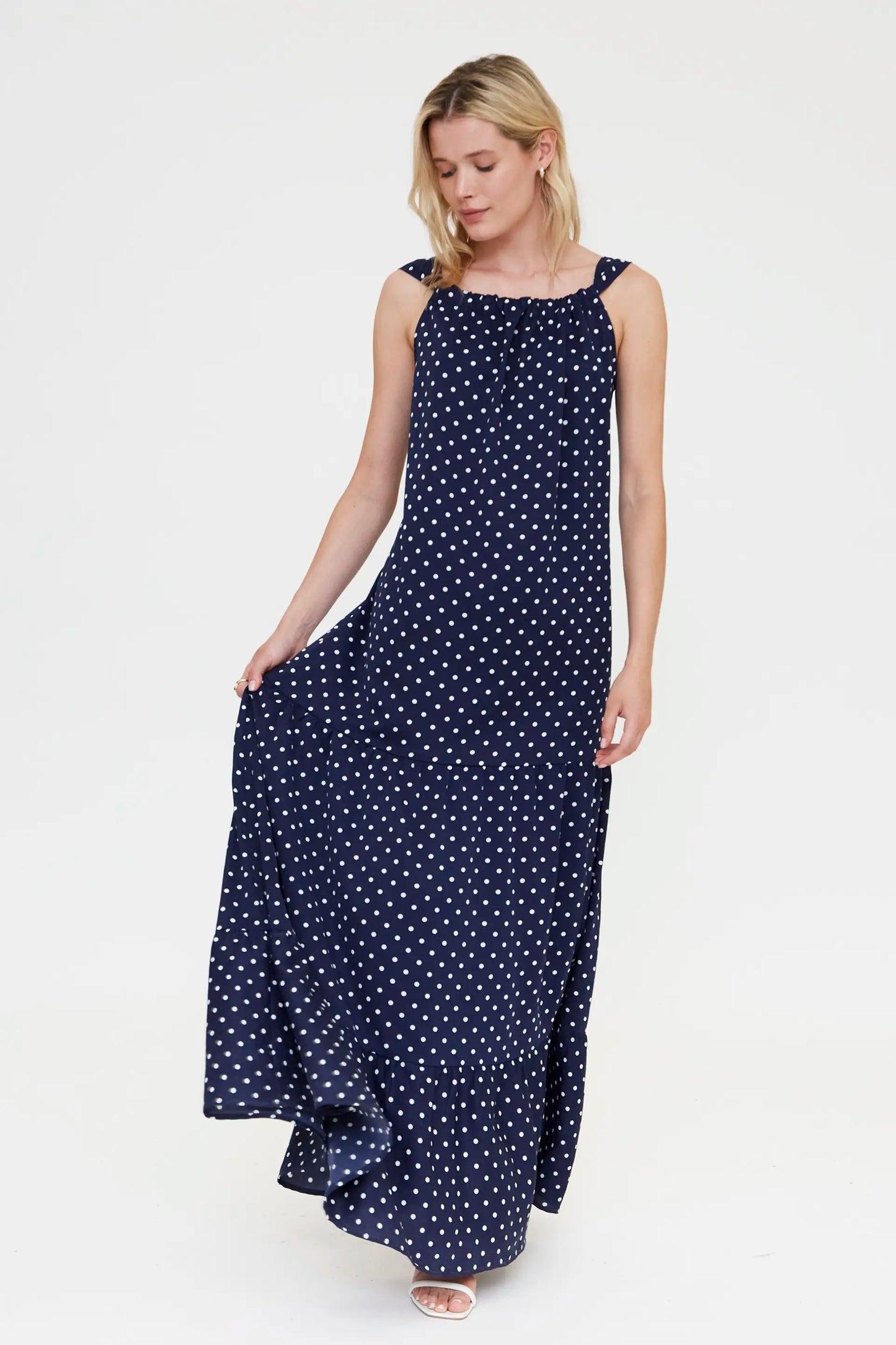 Vestido largo con estampado mini dots azul marino