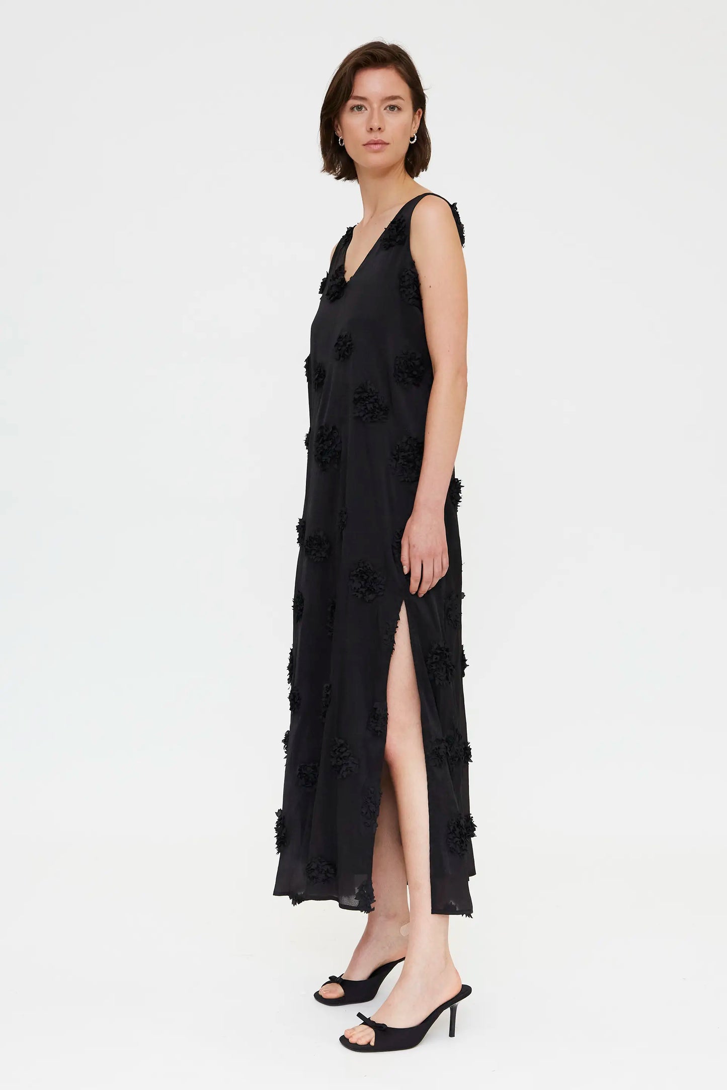Long black dress with floral detail