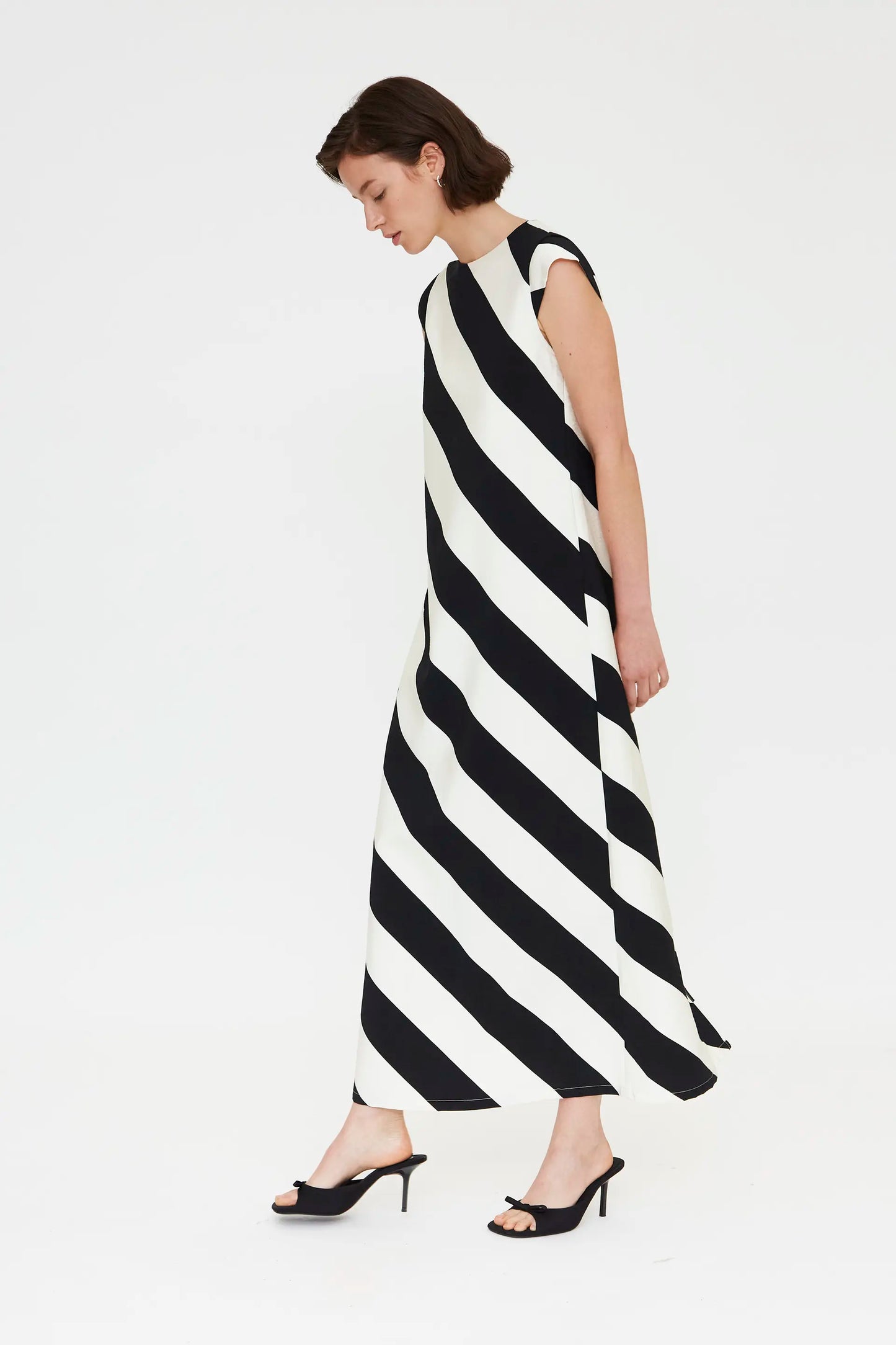 Long dress with black and white diagonal striped print