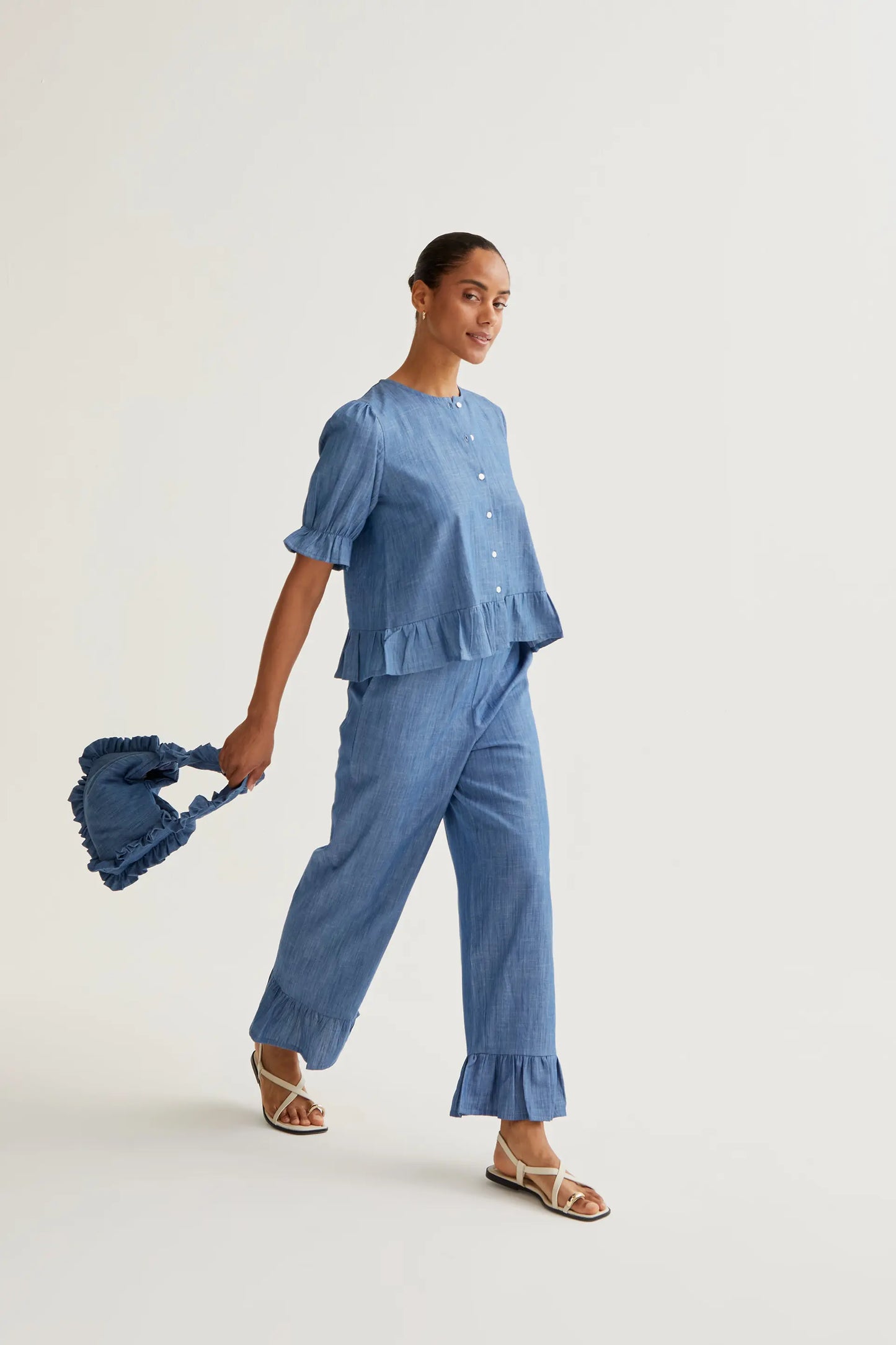 Pantaloni in chambray 100% cotone azzurro