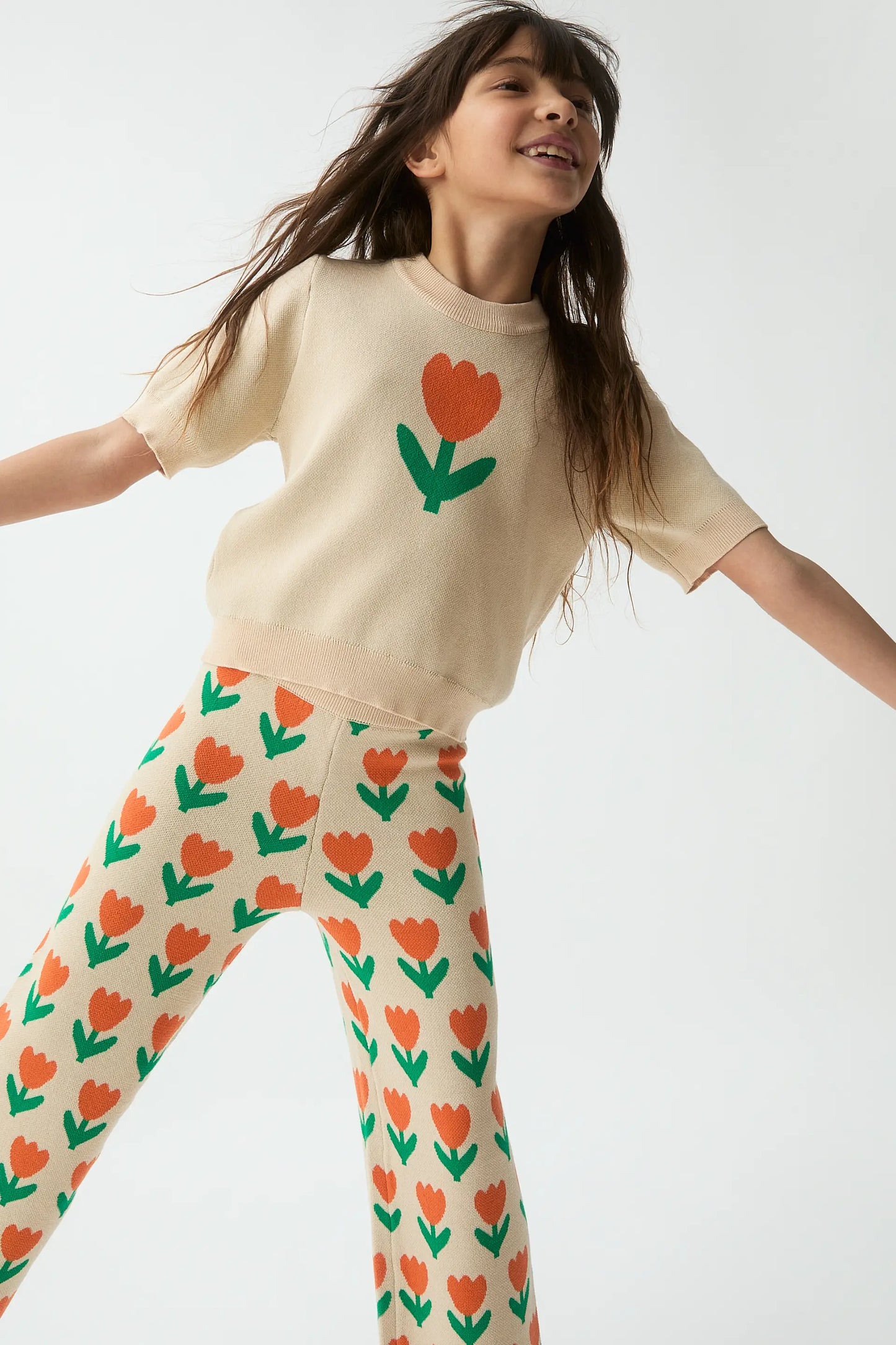 Girls' knitted trousers with Orange Tulip print
