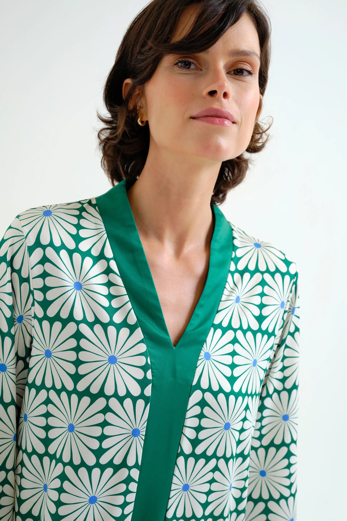Short kaftan with Olive Flower Green print