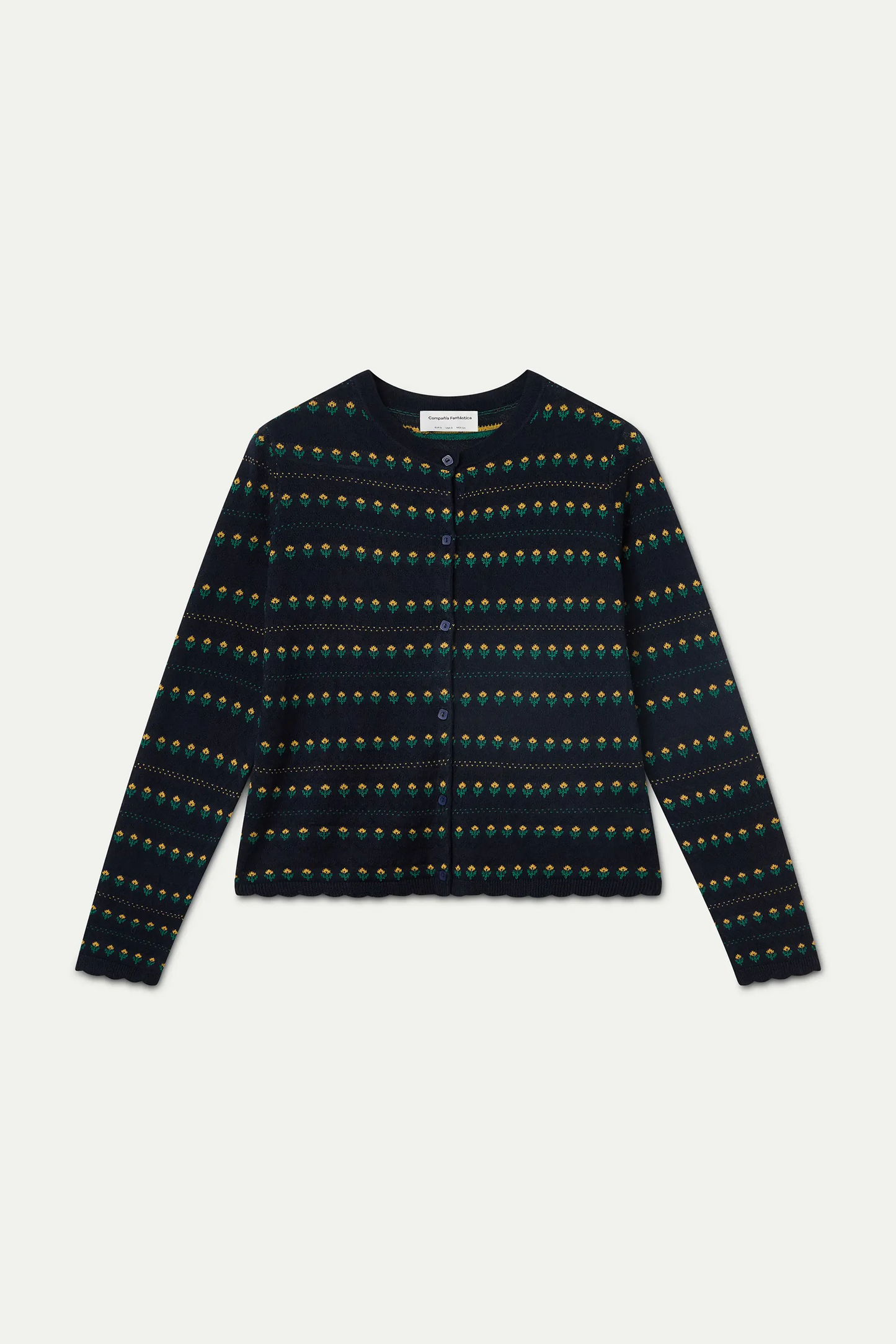 Navy blue cardigan with embroidered flowers