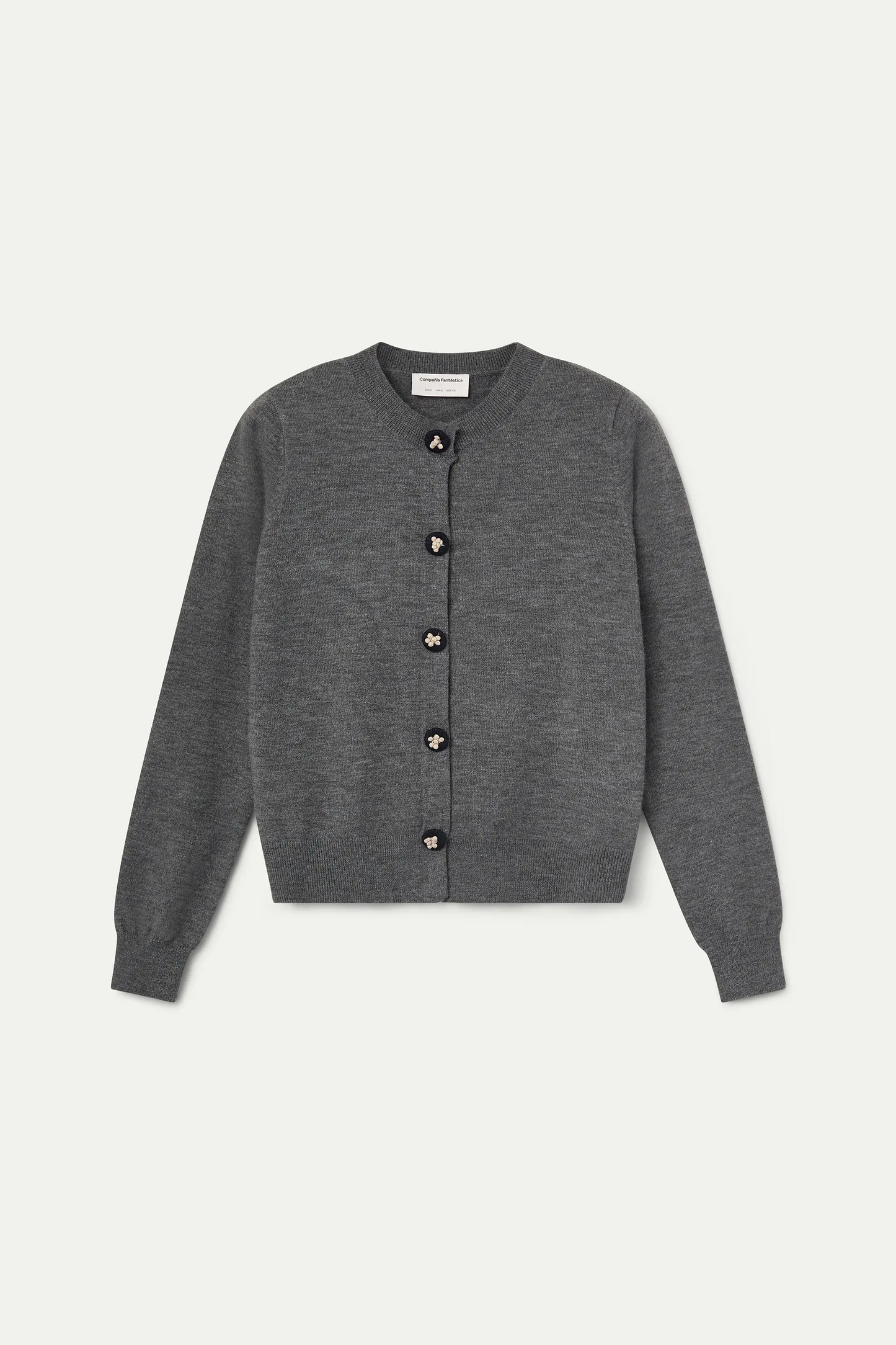 Cardigan grigio con bottoni neri floreali