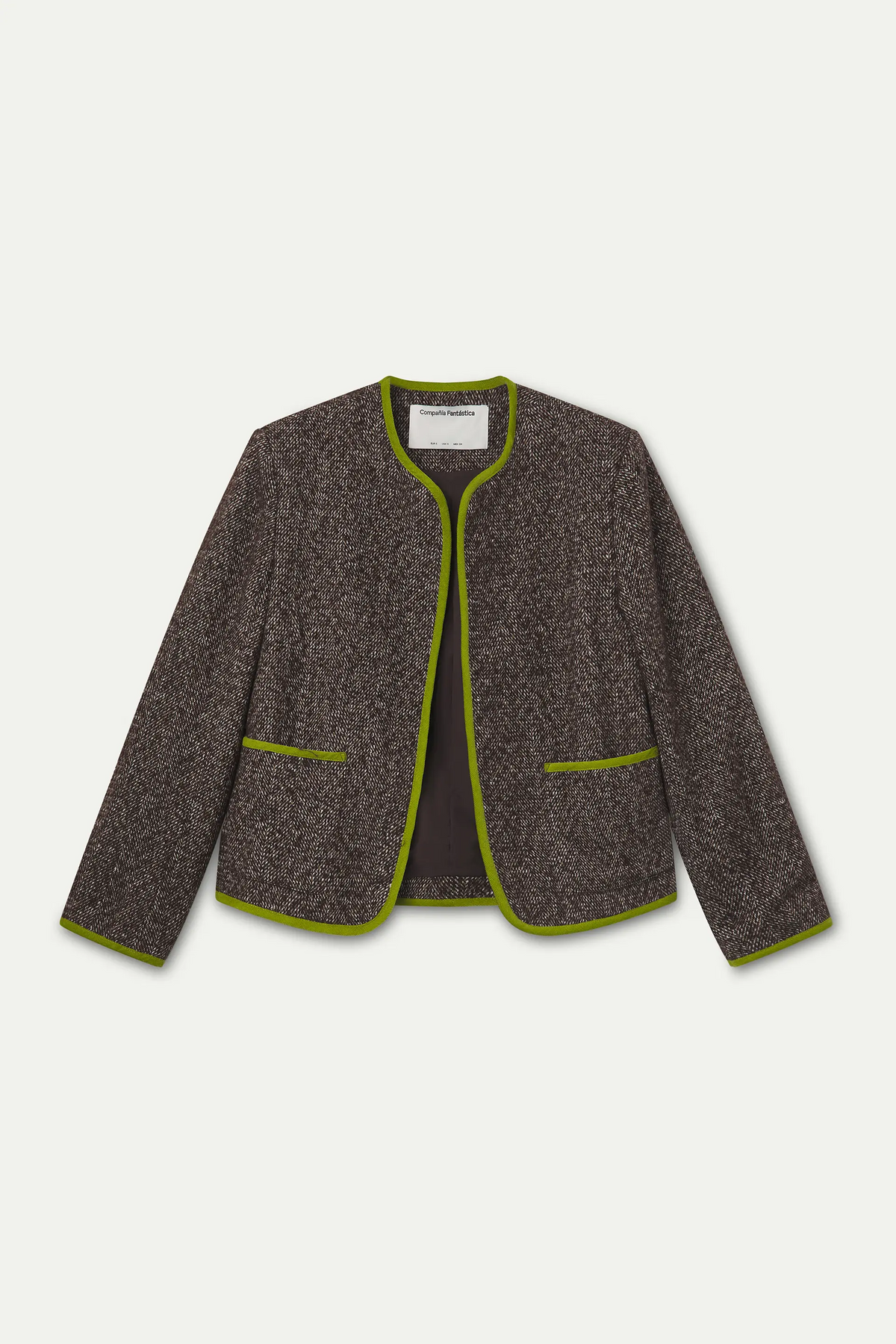 Giacca in tweed marrone con dettagli verde chiaro