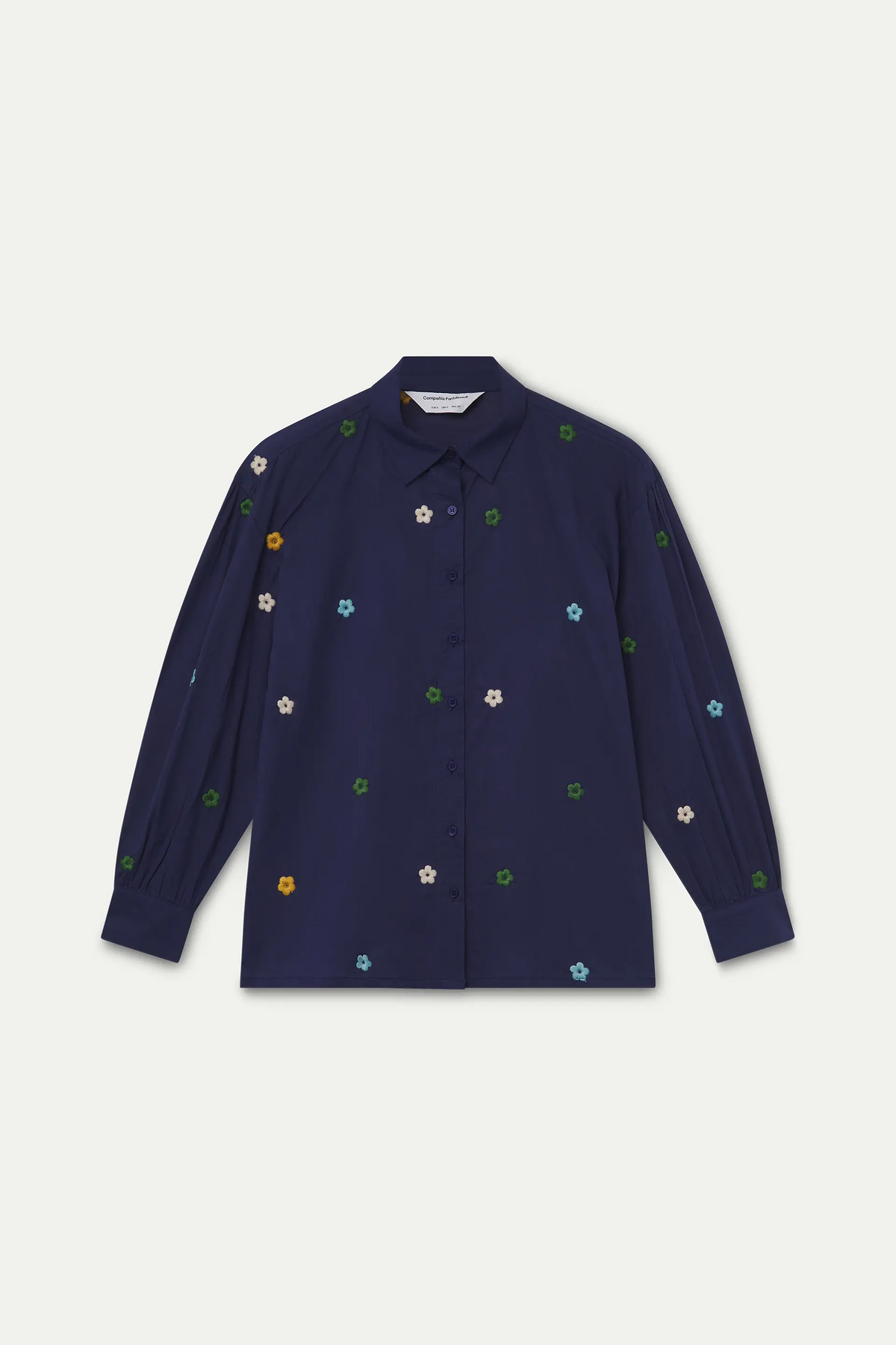Camicia 100% cotone blu navy con ricamo floreale