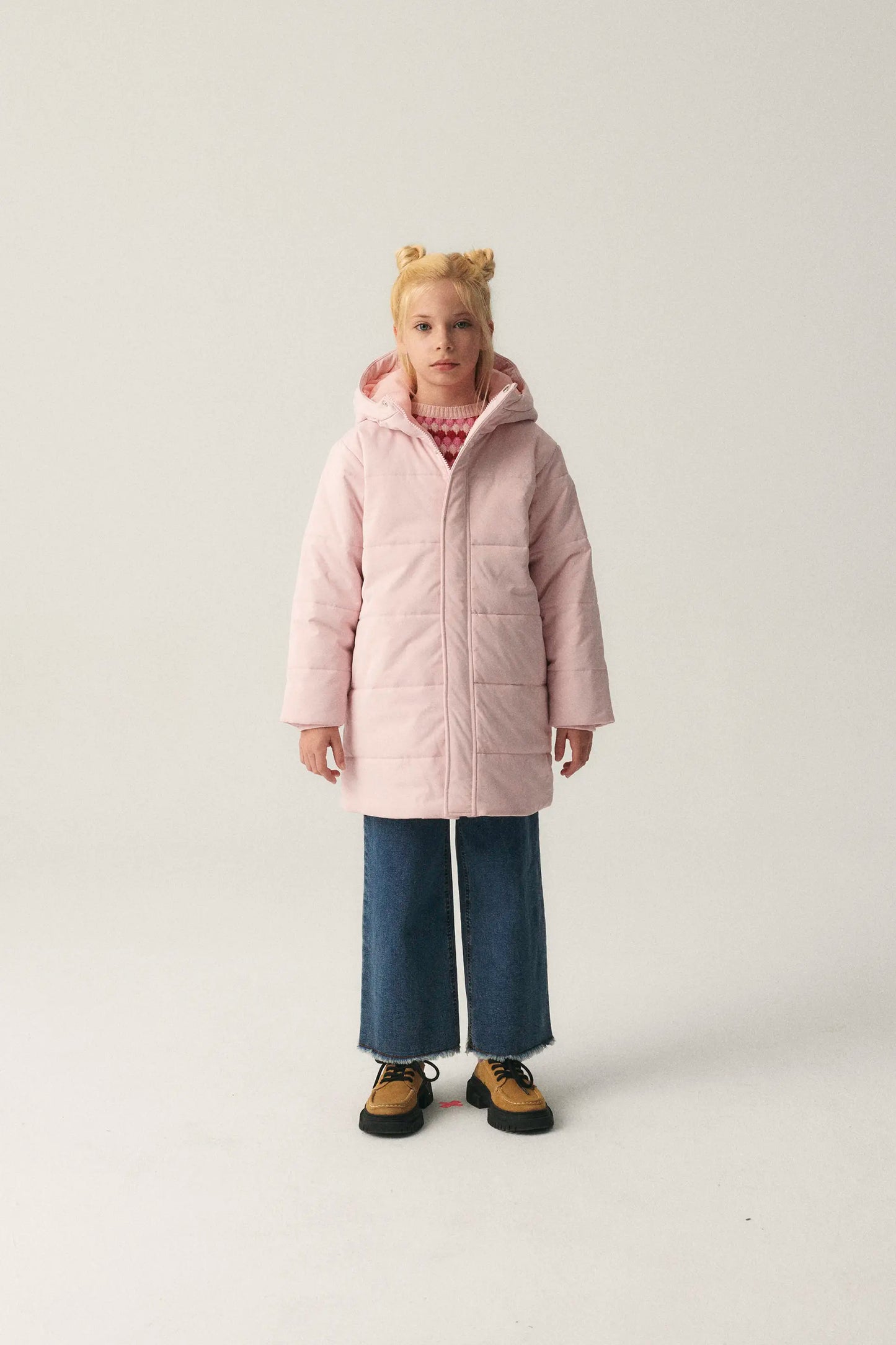 Unisex midi puffer coat with pink hood
