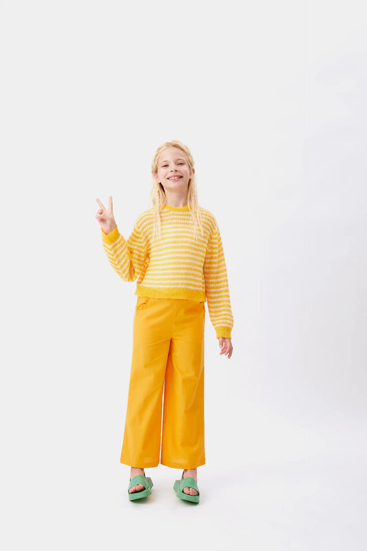 Maglione da bambina lavorato a trecce a righe gialle