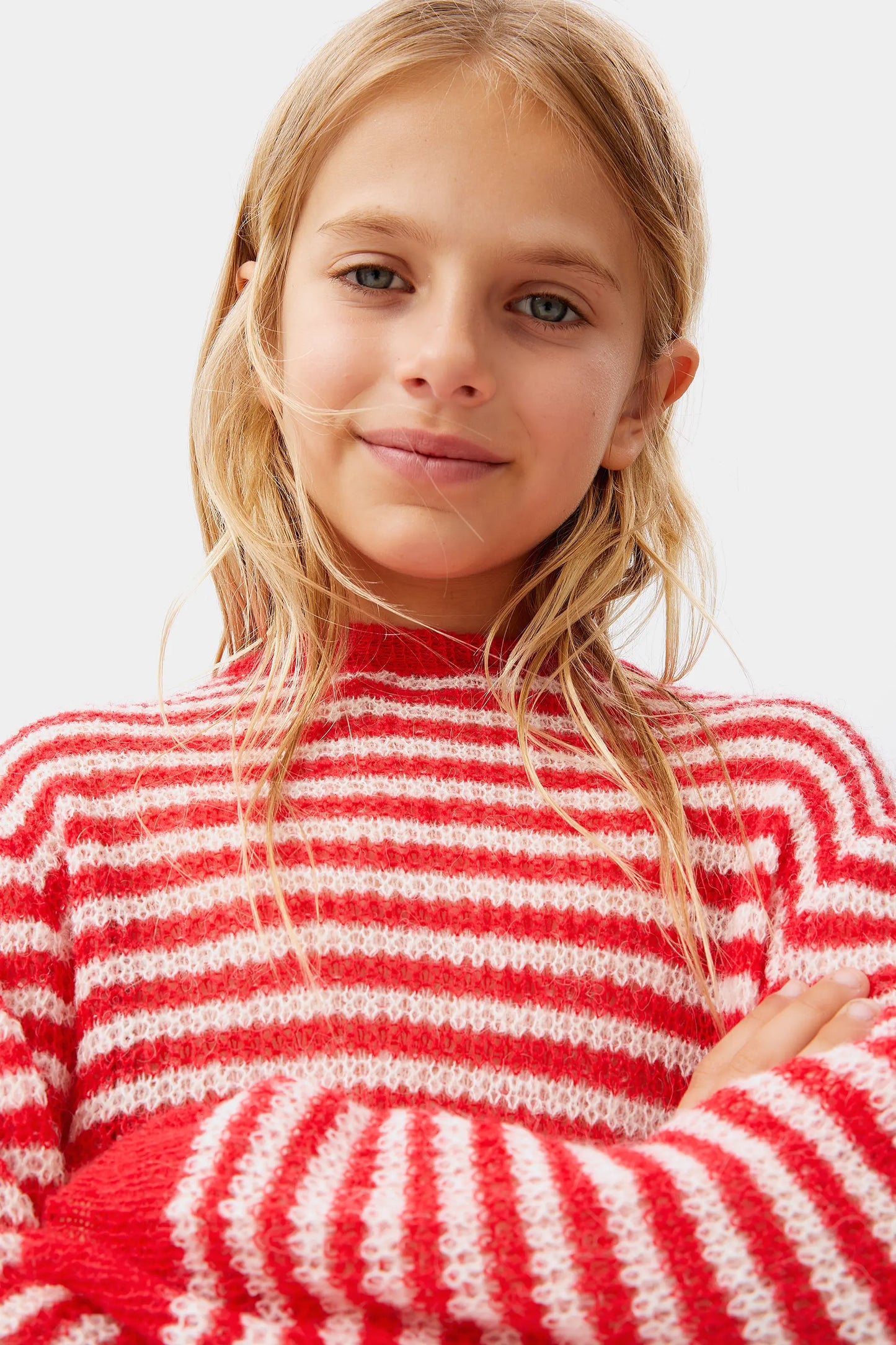 Girl's red striped cable knit sweater