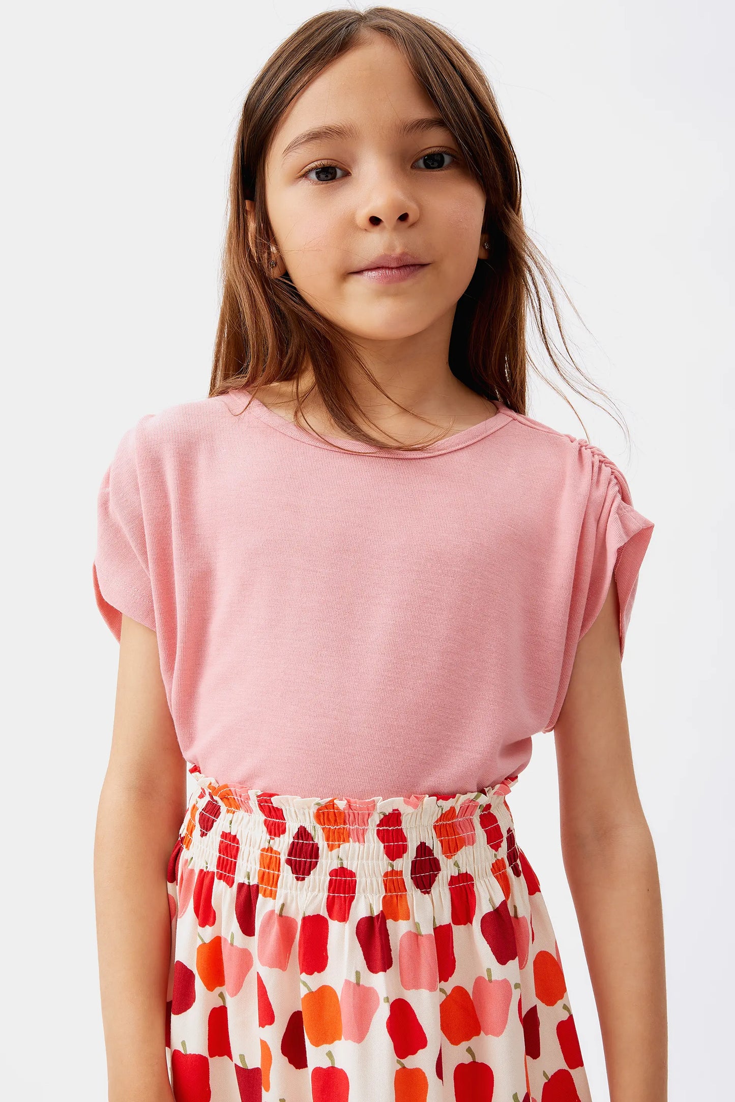 Top de niña manga corta drapeada rosa