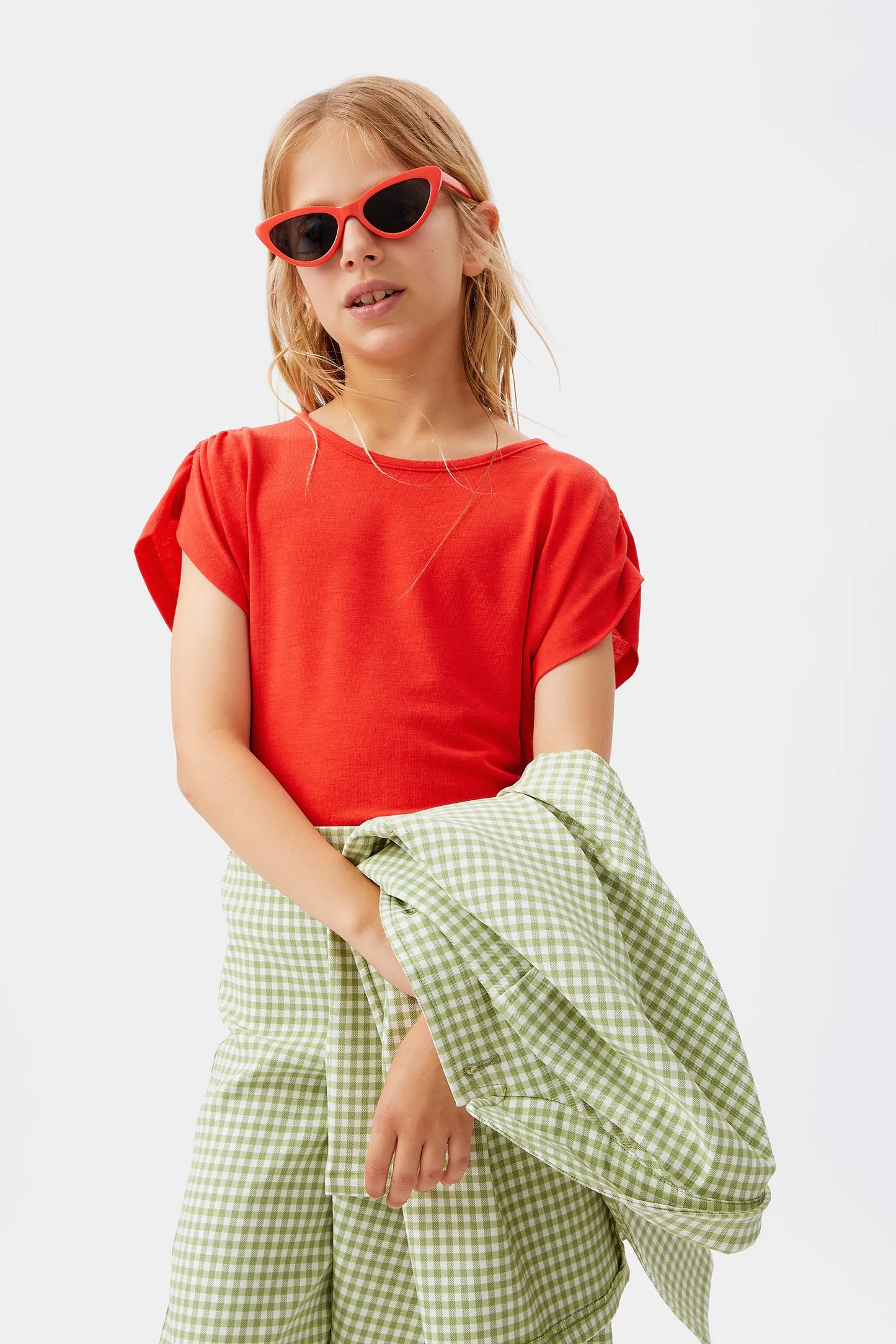 Red draped short sleeve girl's top