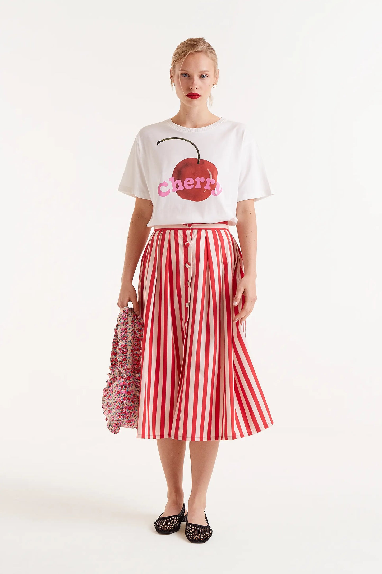 Falda midi estampado rayas rojas