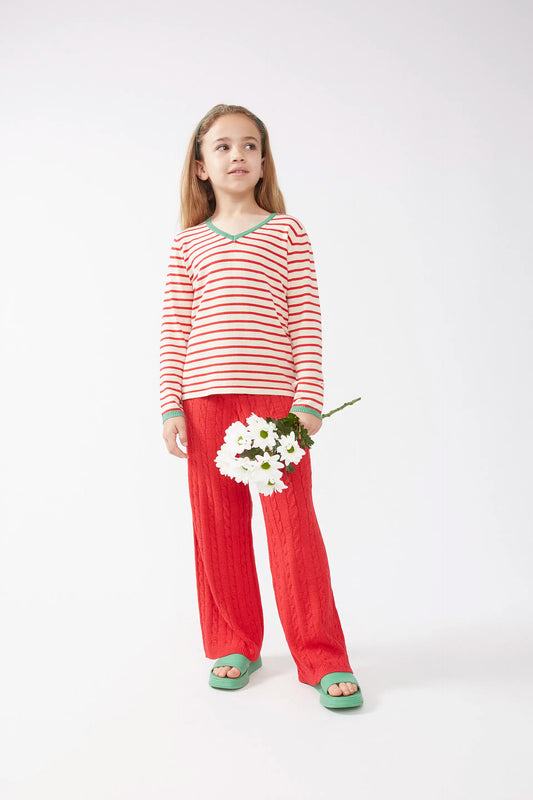 Maglione da bambina con scollo a V e strisce rosse