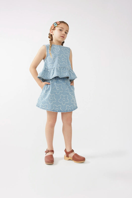 Gonna corta per bambine con fiori in denim