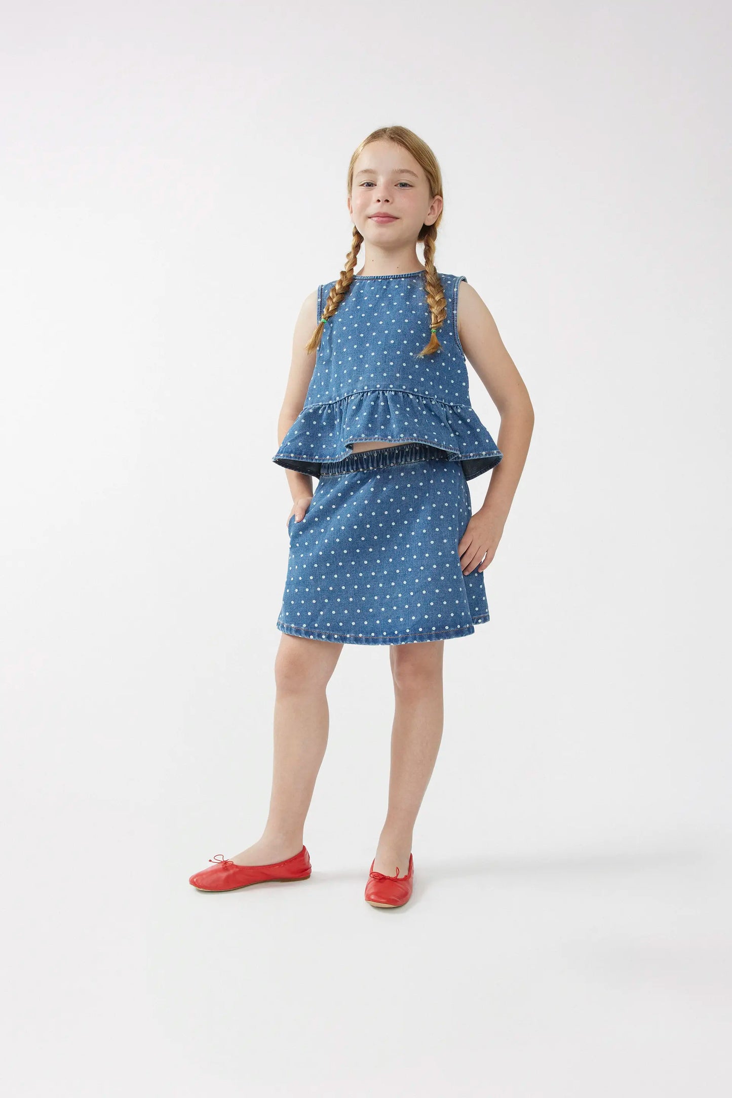 Top in denim a pois per bambina