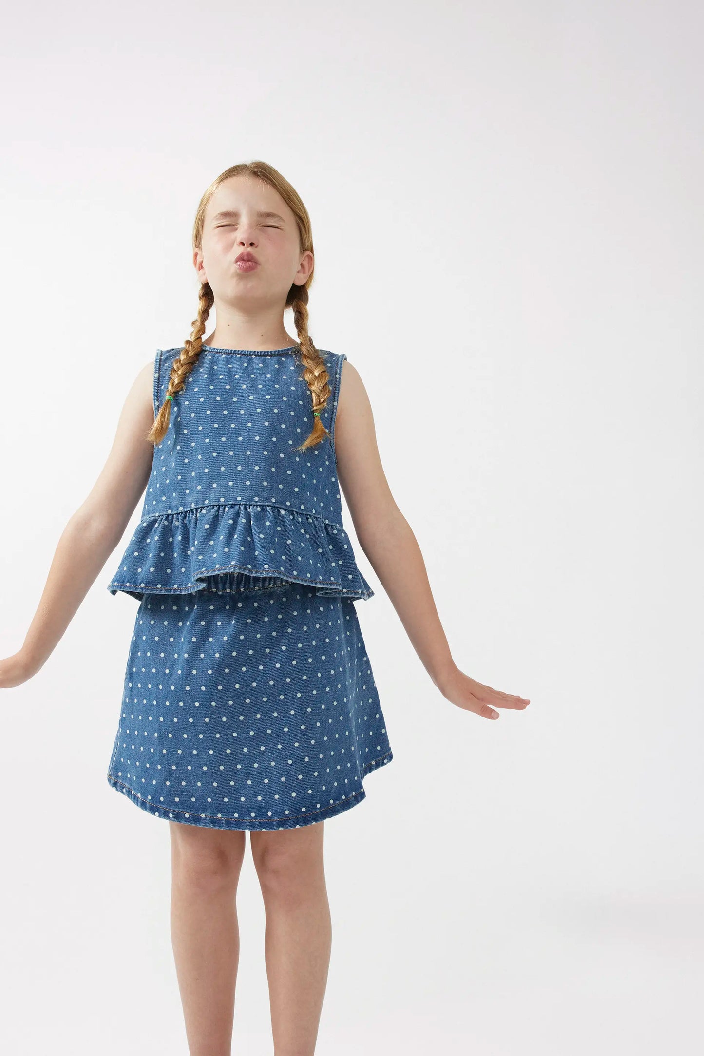 Top in denim a pois per bambina