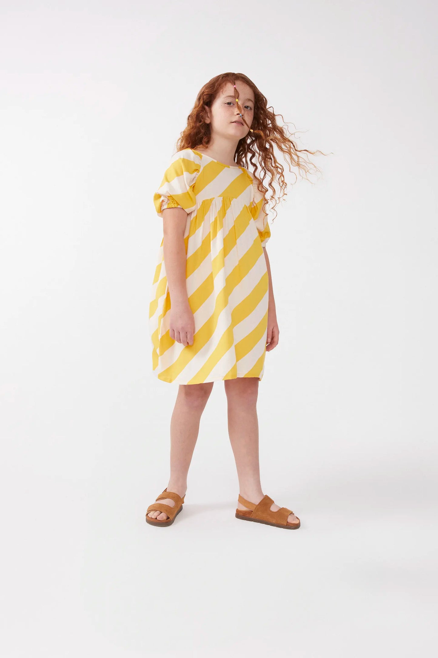 Short dress for girls with yellow striped print