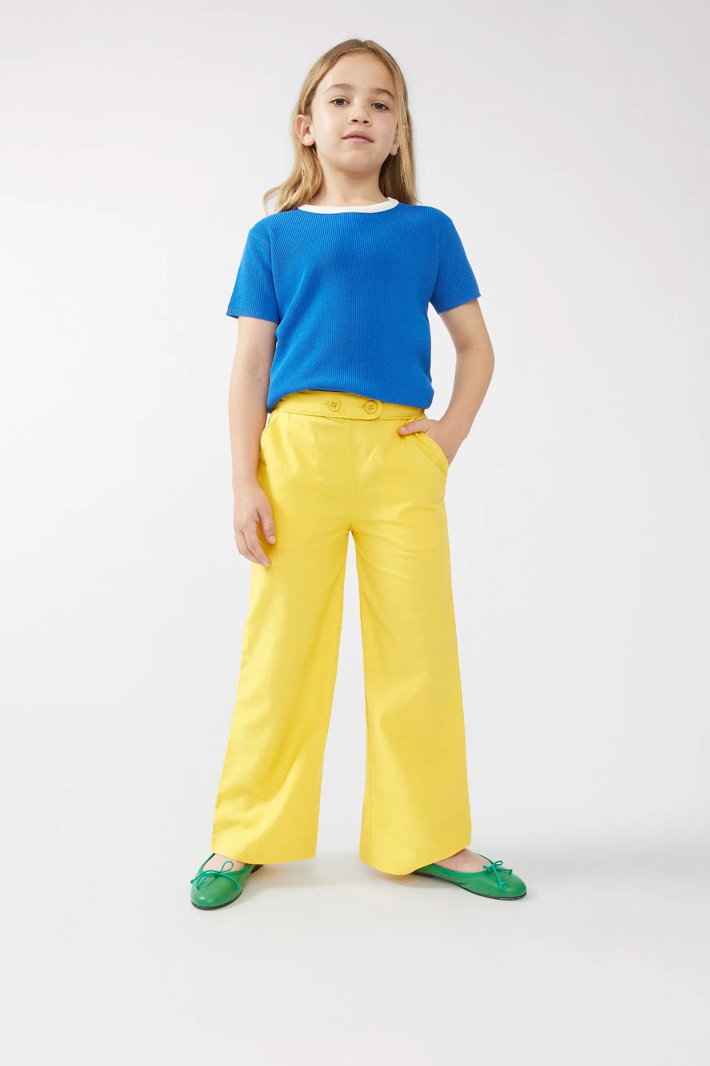 Yellow straight buttoned girl's trousers