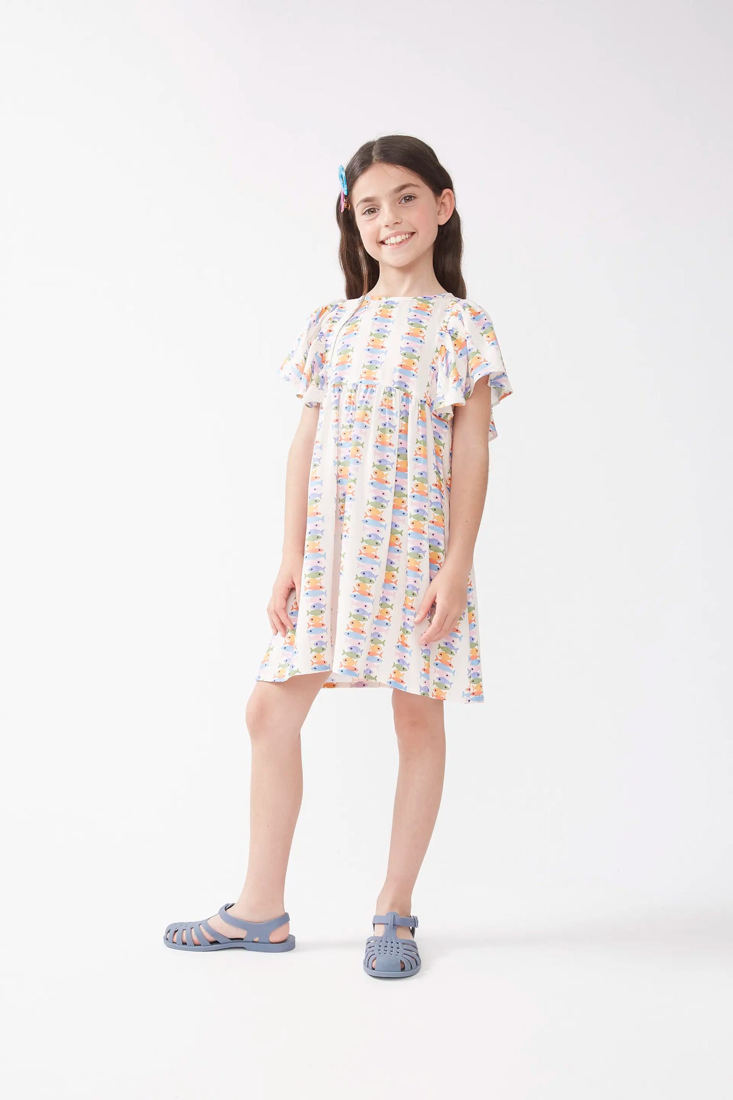 LENZING™ ECOVERO™ rayon girl's short dress with a Marina print