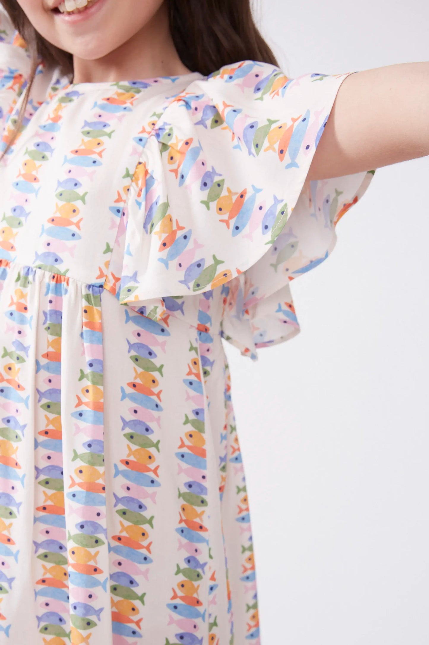 LENZING™ ECOVERO™ rayon girl's short dress with a Marina print