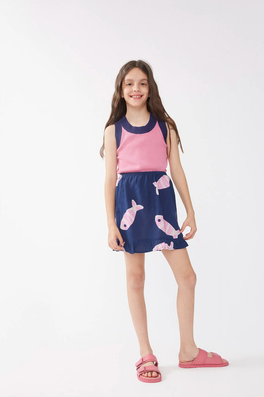 Gonna corta da bambina in rayon LENZING™ ECOVERO™ con stampa Eureka