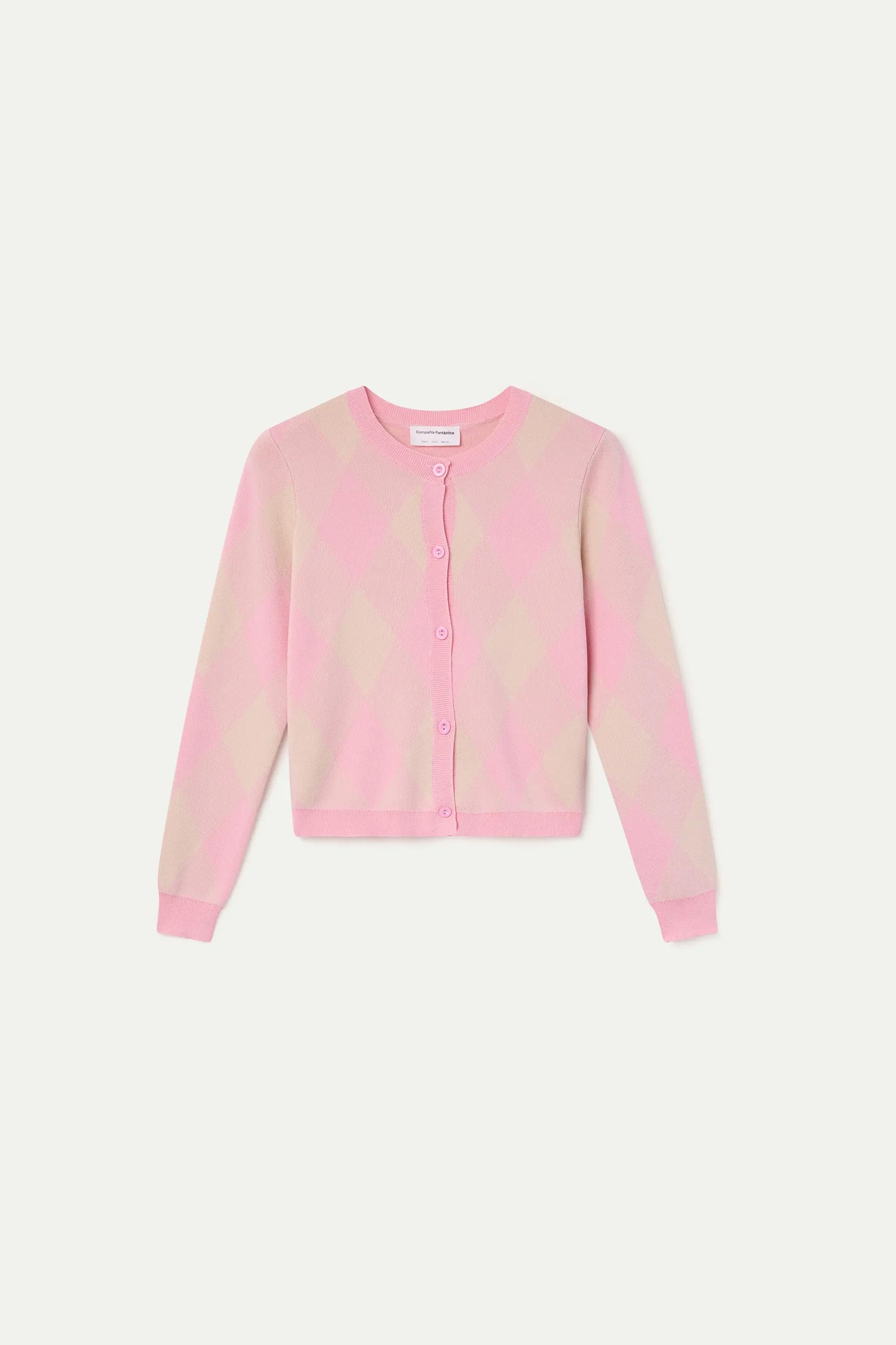 Cardigan lavorato a maglia con motivo a rombi rosa