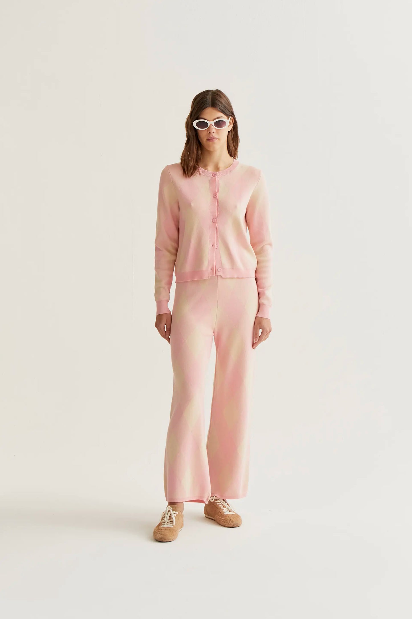 Pink diamond print knit trousers