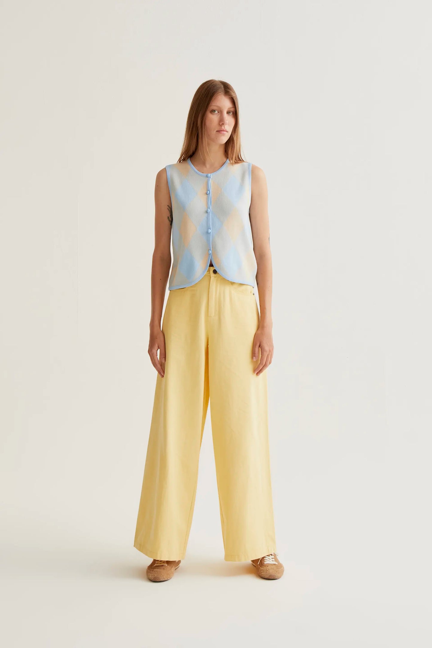 Blue diamond-patterned knit top