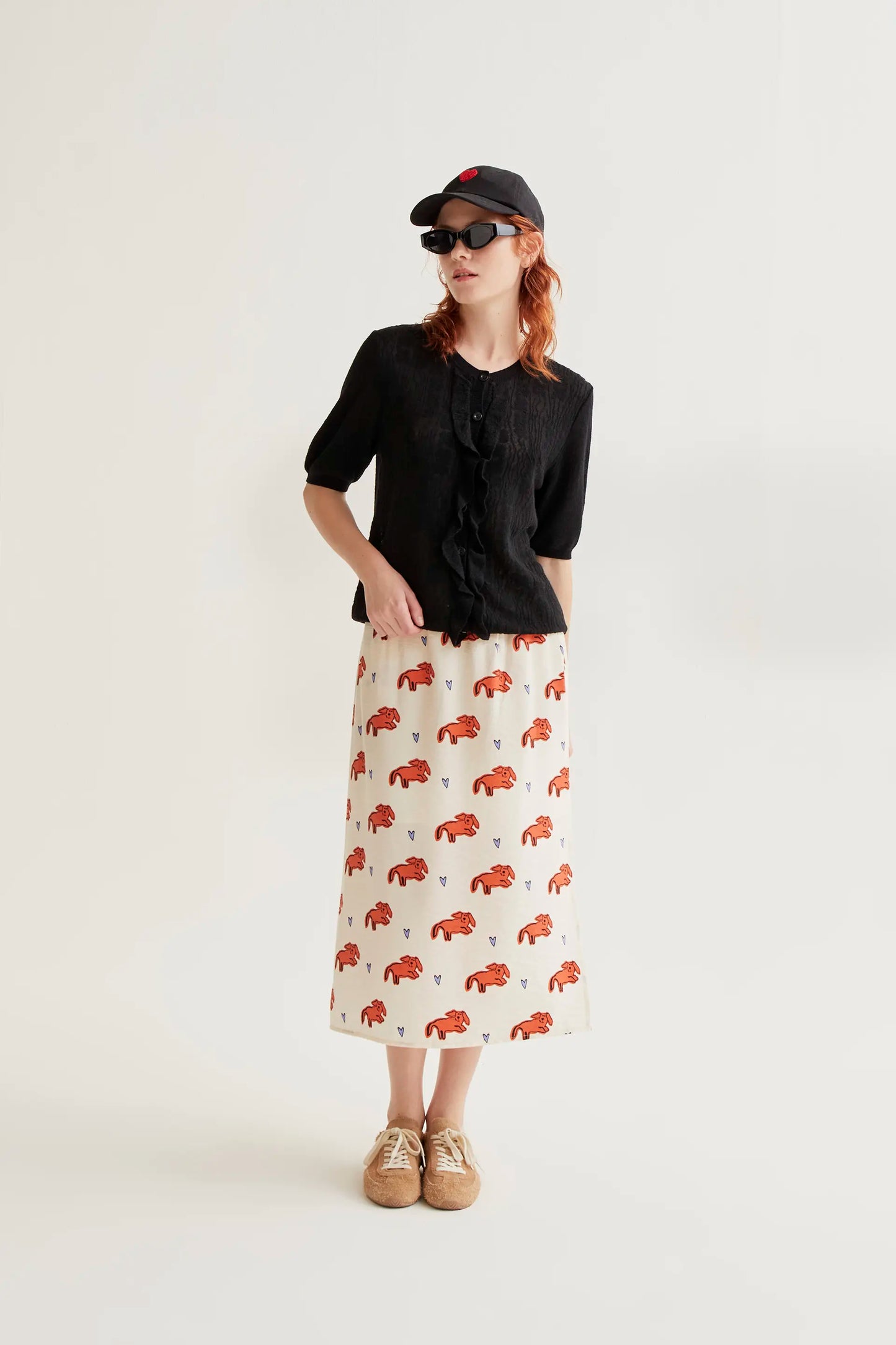 Black floral knit cardigan with ruffles