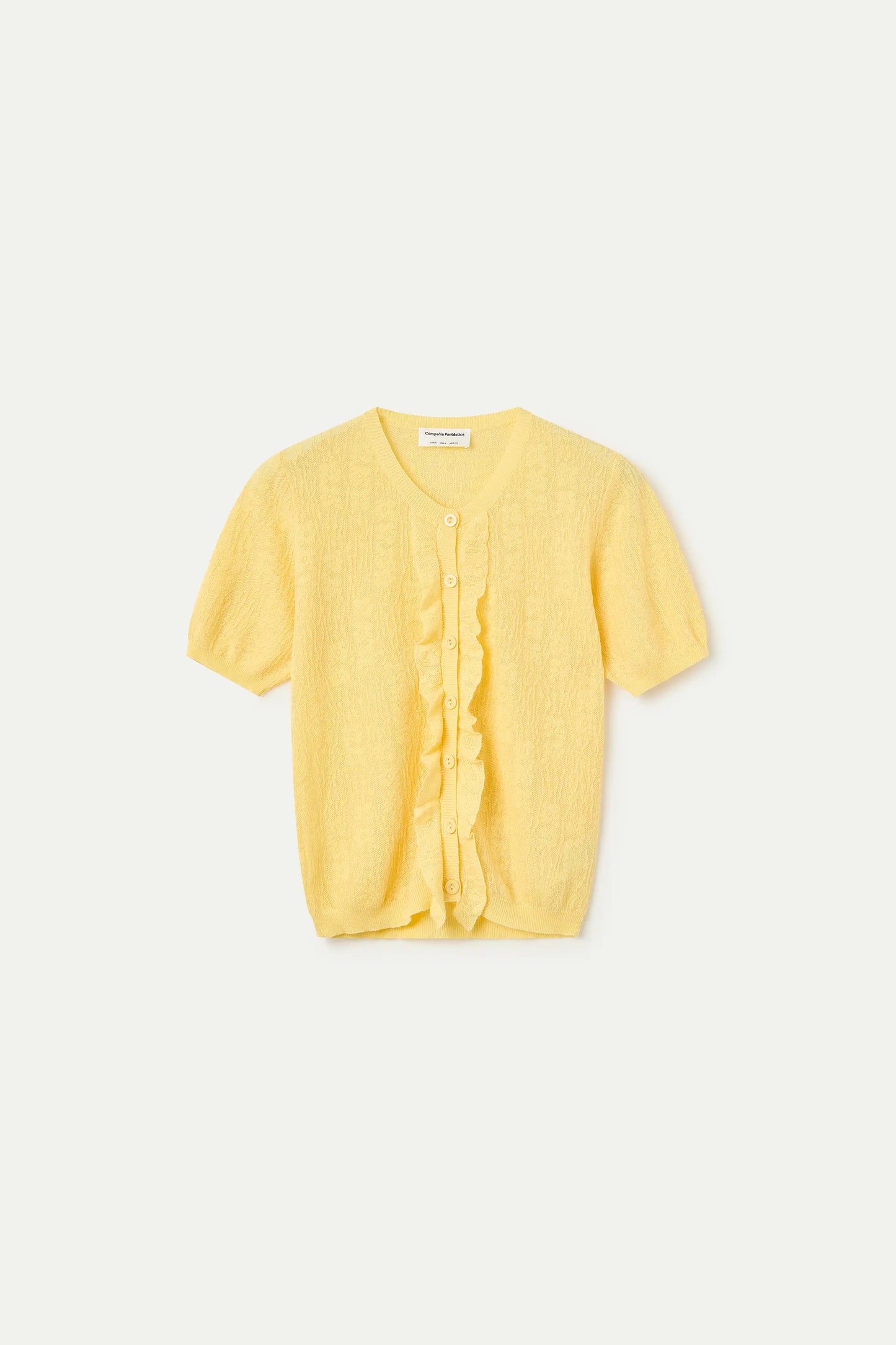 Cardigan in maglia floreale gialla con volant