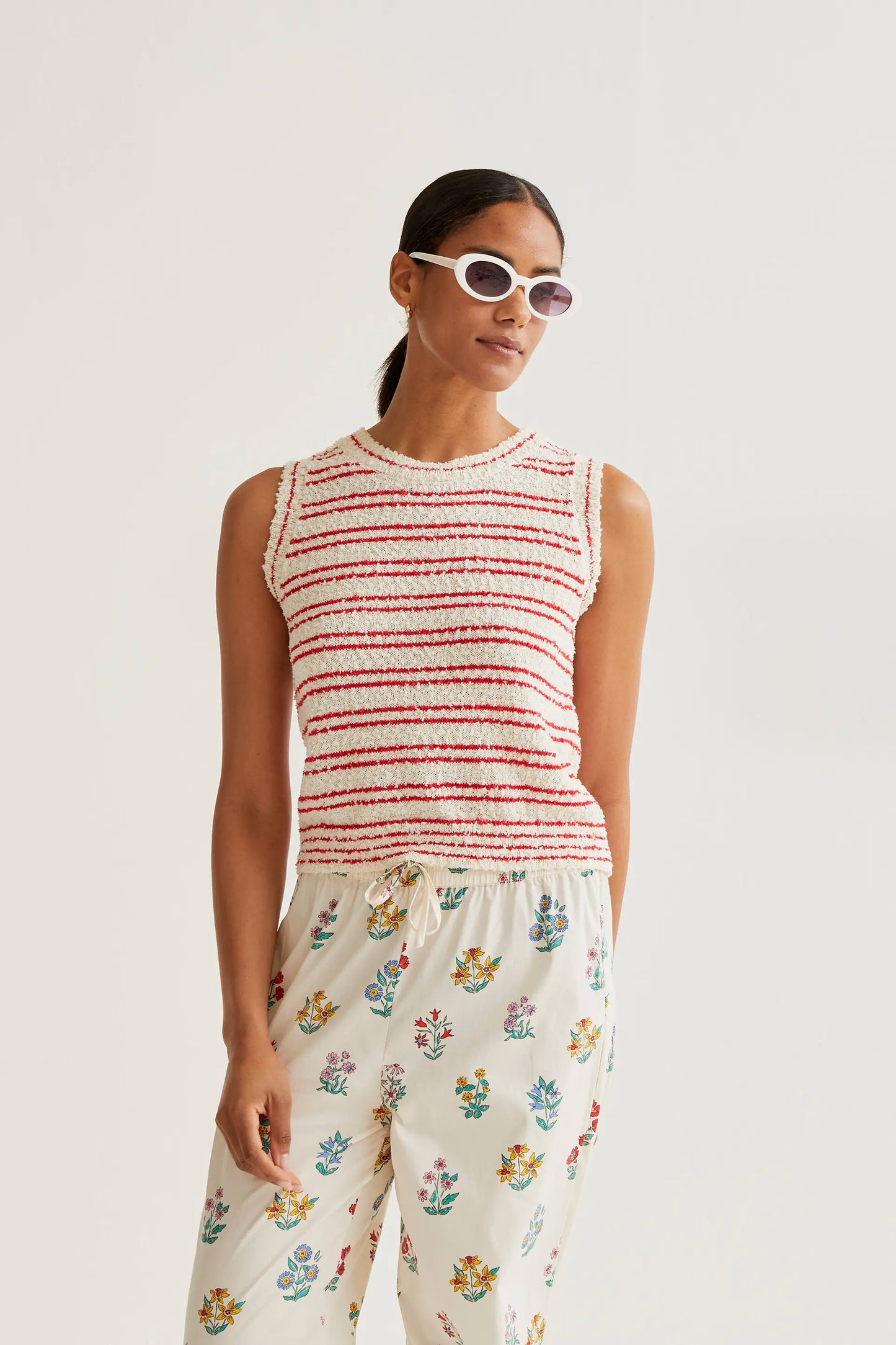 Textured knit top with red stripes