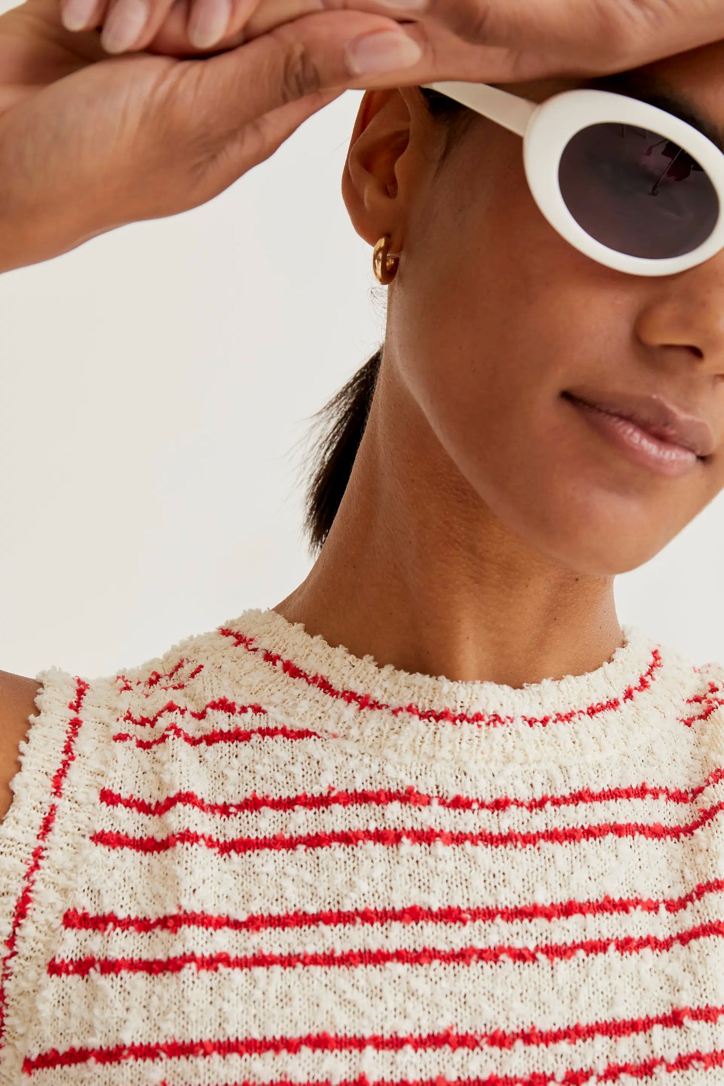 Textured knit top with red stripes