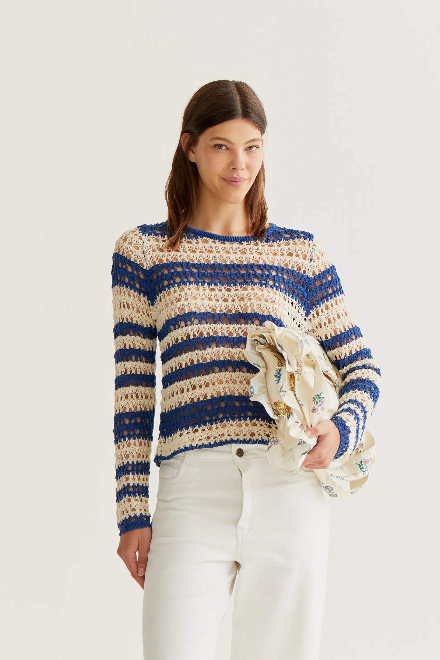Openwork knit top with white and blue stripes