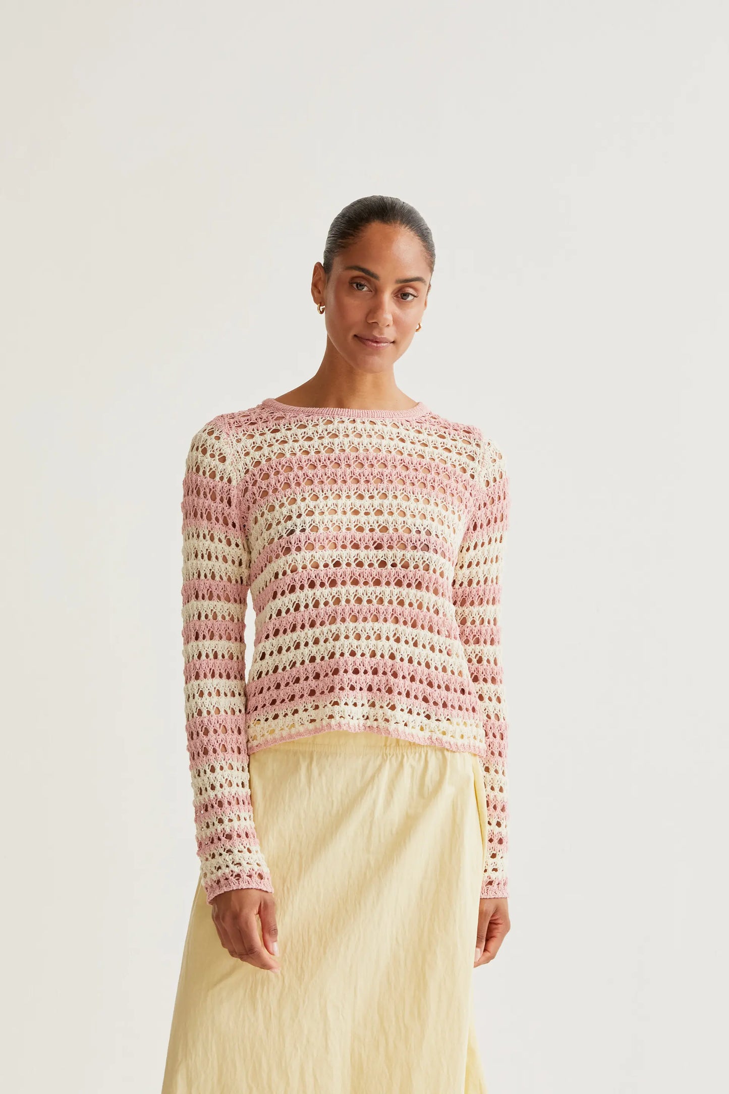 Openwork knit top with white and pink stripes