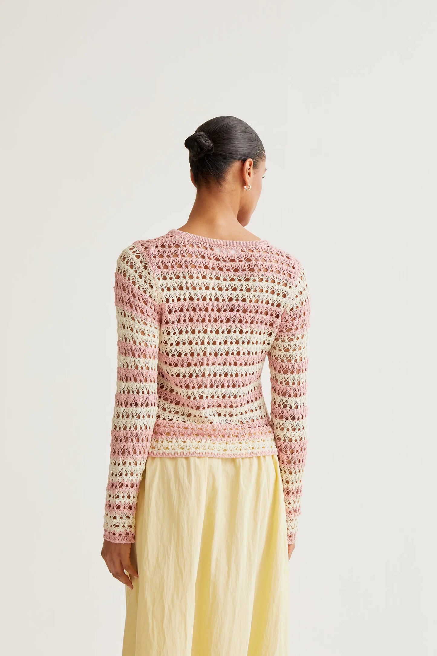 Openwork knit top with white and pink stripes
