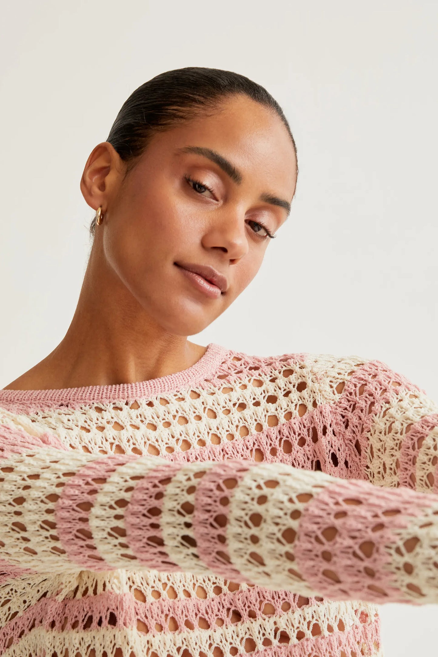 Openwork knit top with white and pink stripes