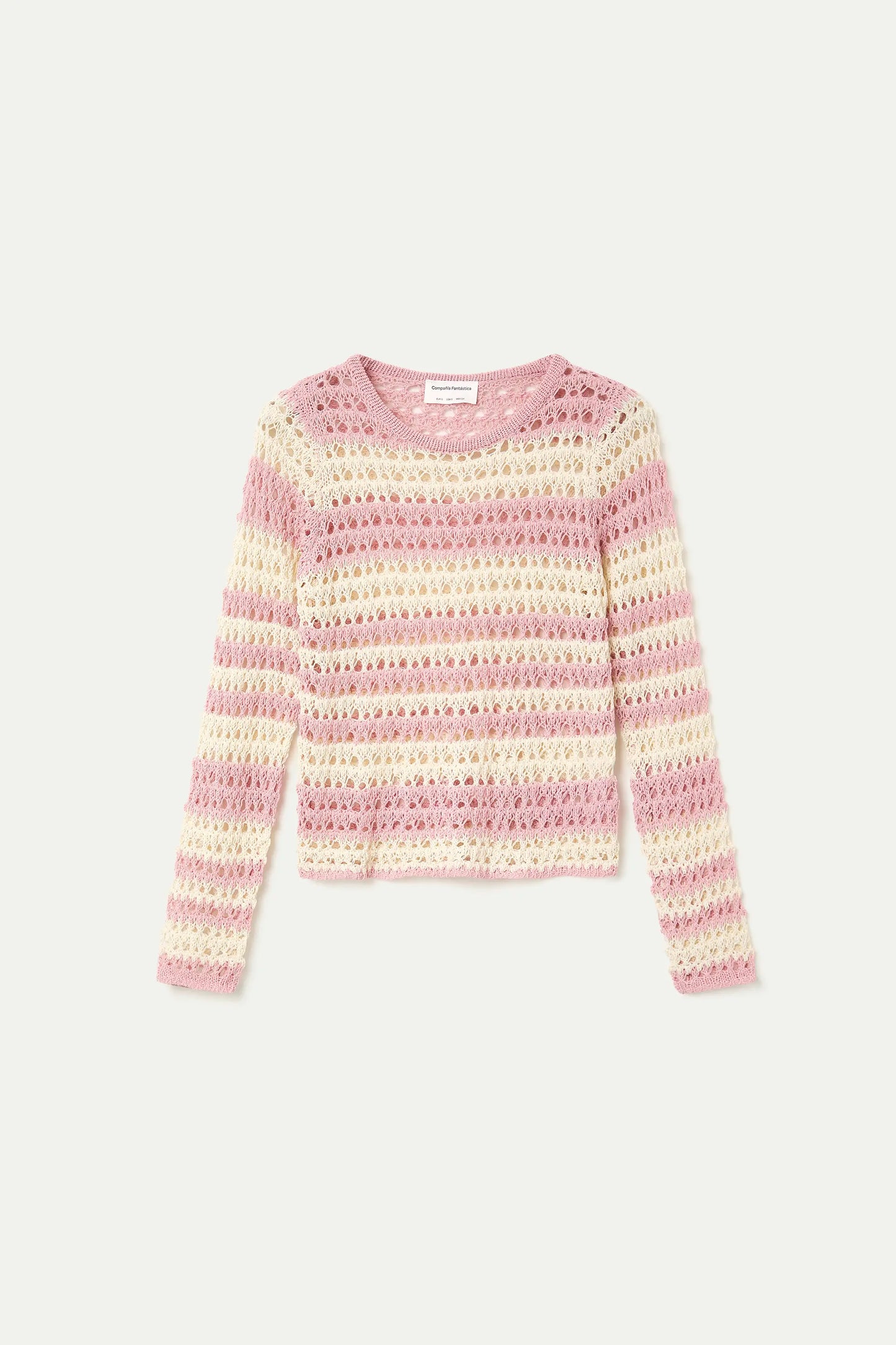 Openwork knit top with white and pink stripes