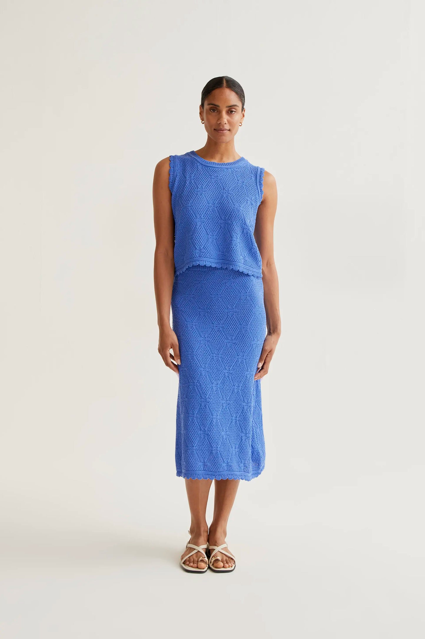 Blue chain-stitched midi skirt