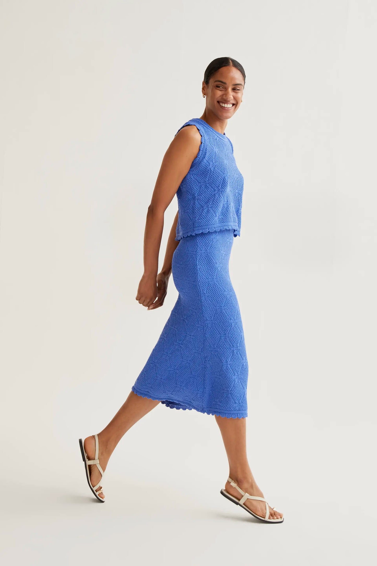 Blue chain-stitched midi skirt