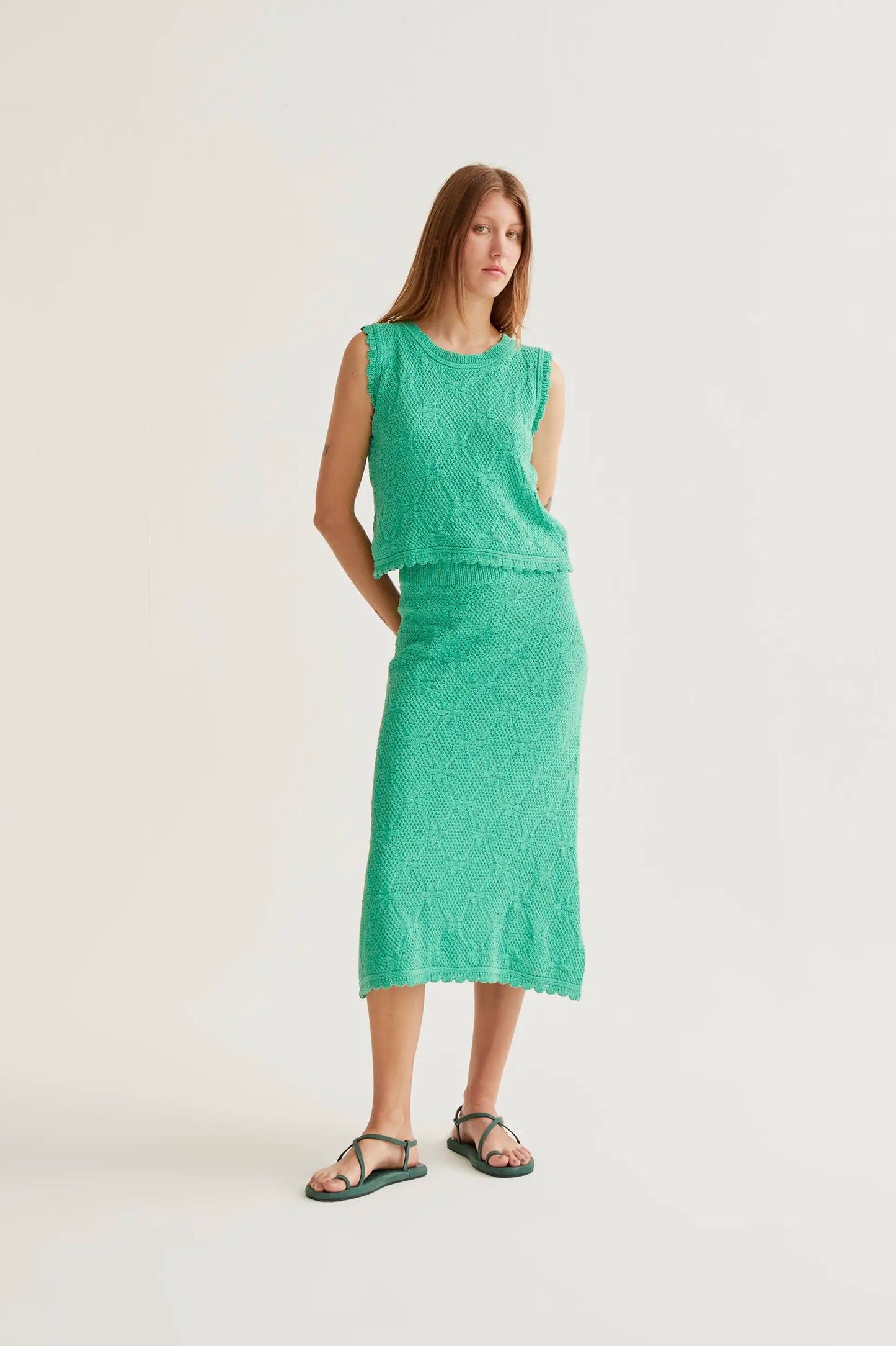 Gonna midi con ricamo a catena verde