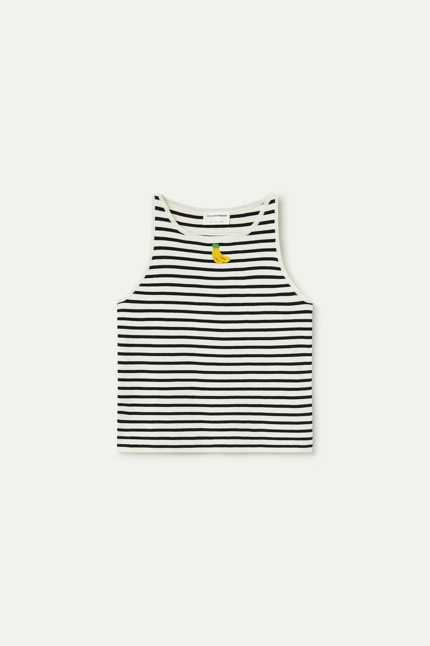 Black and white striped top with banana embroidery