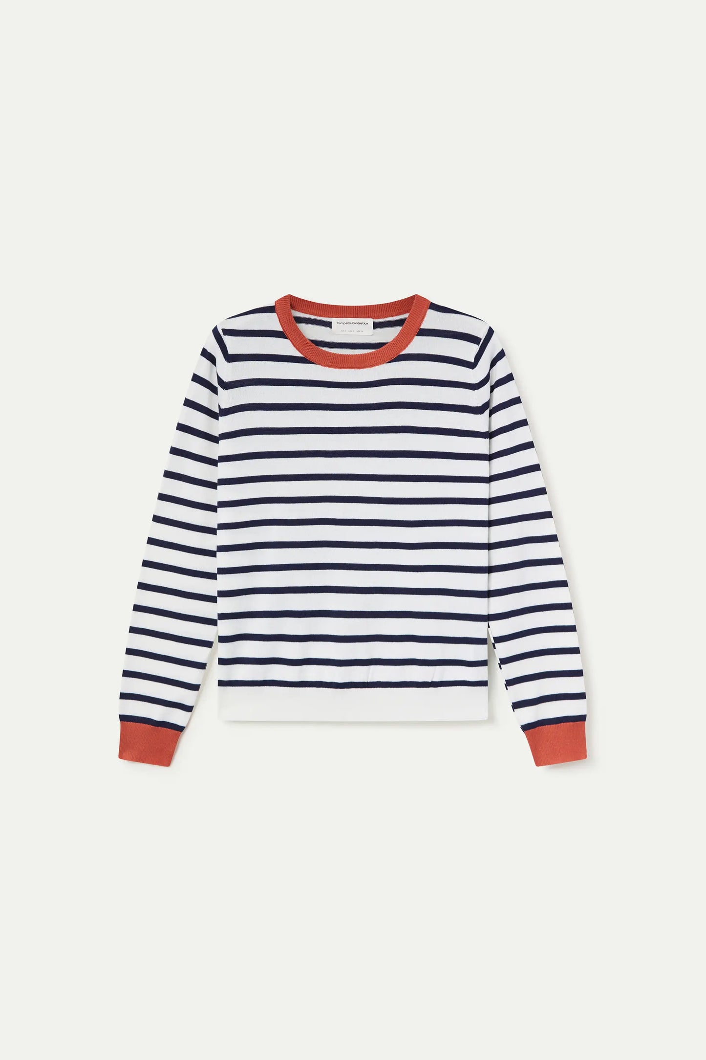 Knitted sweater with white and navy striped print
