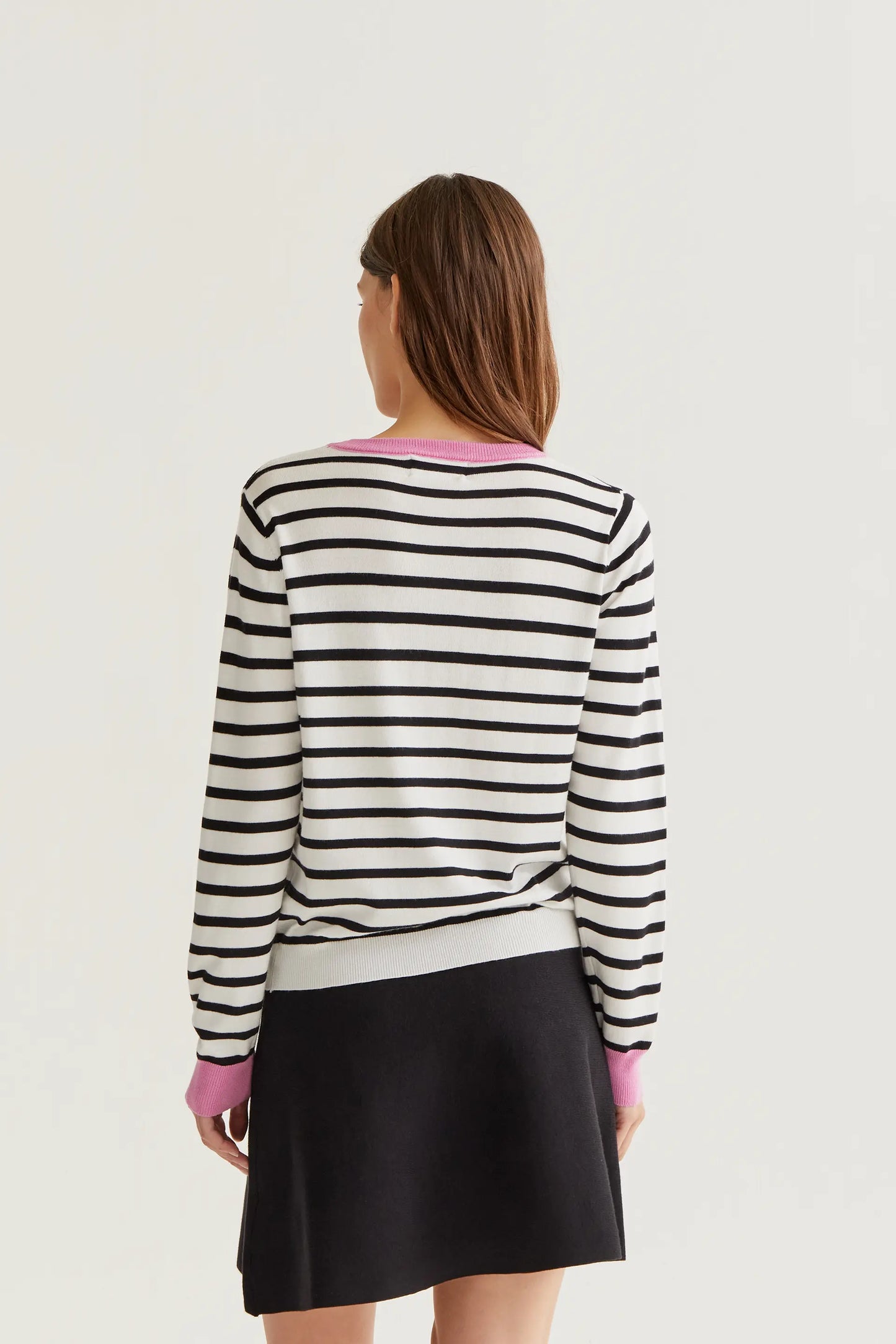 Knitted sweater with black and white striped print