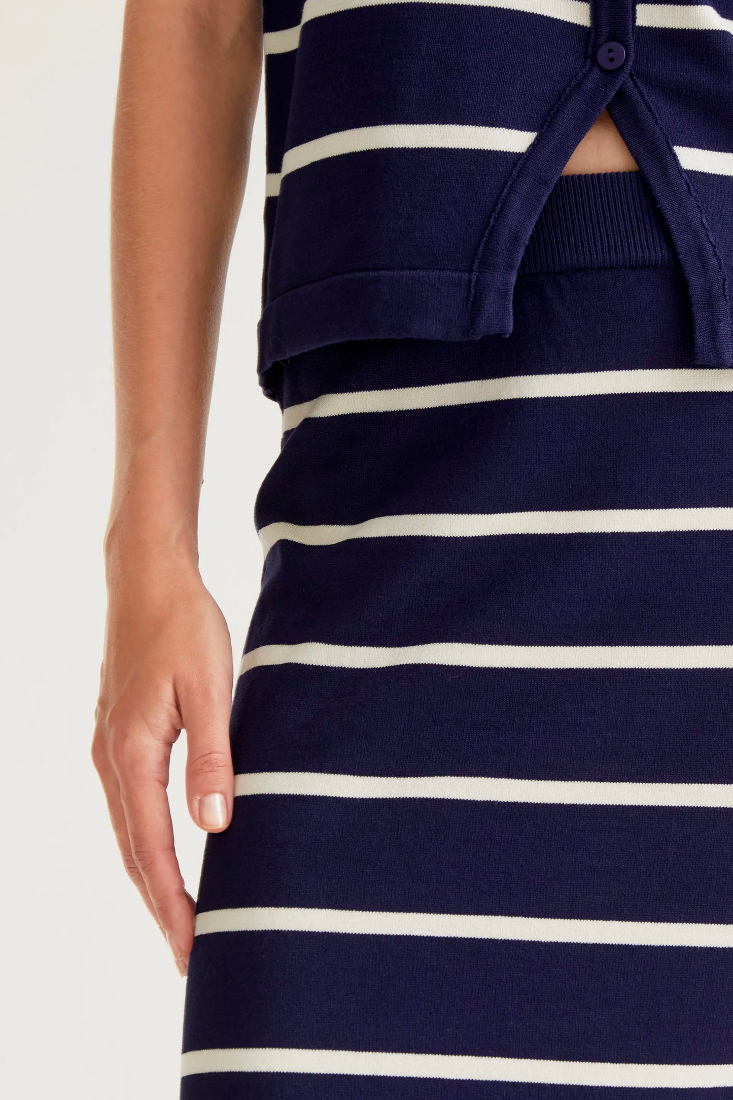 Navy and white striped knit midi skirt