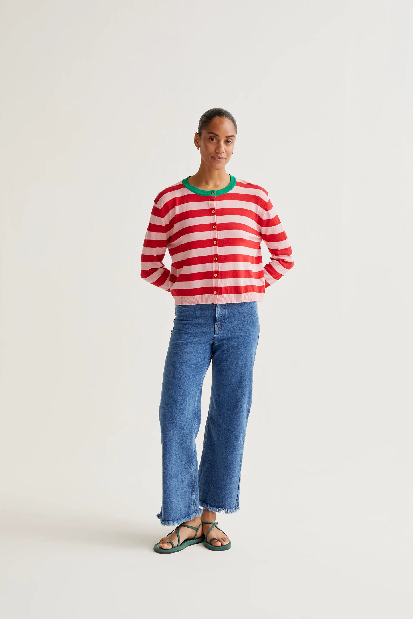 Cardigan in morbida maglia con stampa a righe rosa e rosse