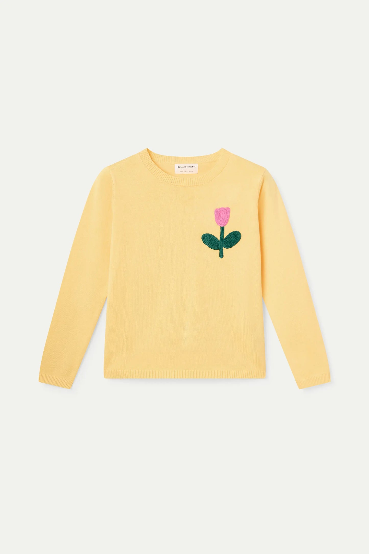 Maglione giallo lavorato a maglia con ricamo di tulipani rosa